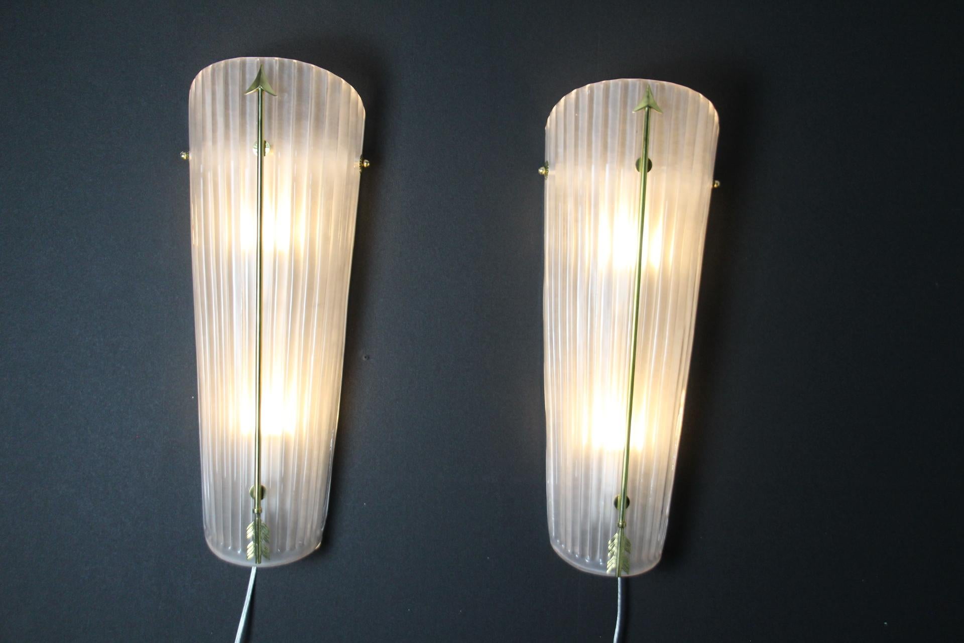 Tall Mid-Century Pair of Sconces in White Glass , Petitot Style Wall Lights For Sale 3