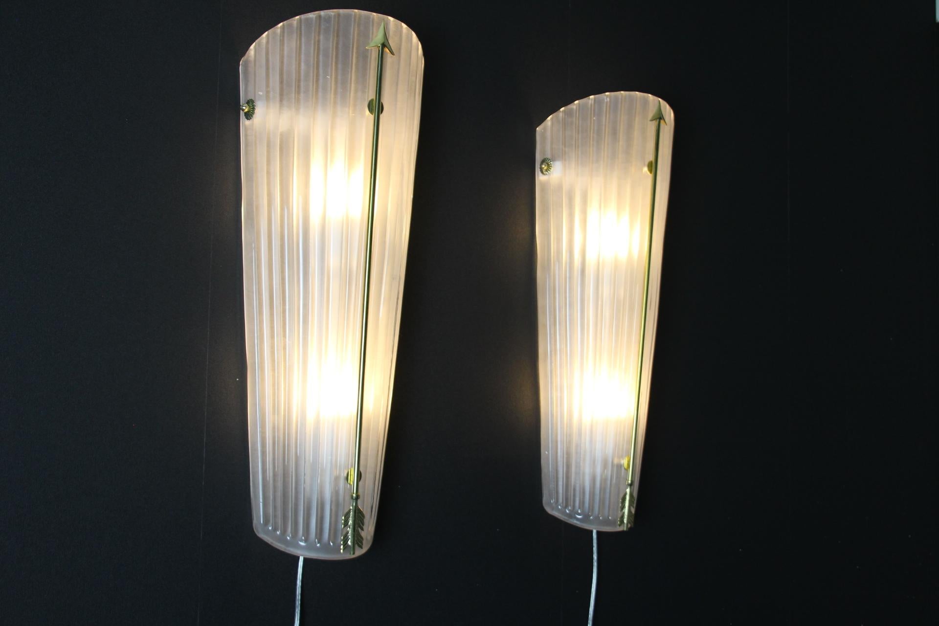 Tall Mid-Century Pair of Sconces in White Glass , Petitot Style Wall Lights For Sale 5
