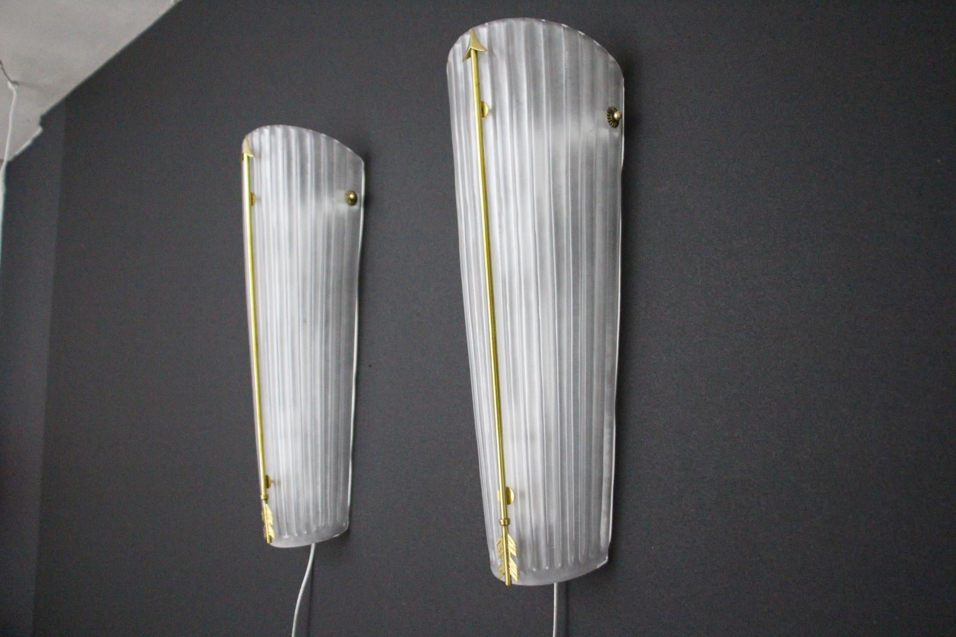French Tall Mid-Century Pair of Sconces in White Glass , Petitot Style Wall Lights For Sale