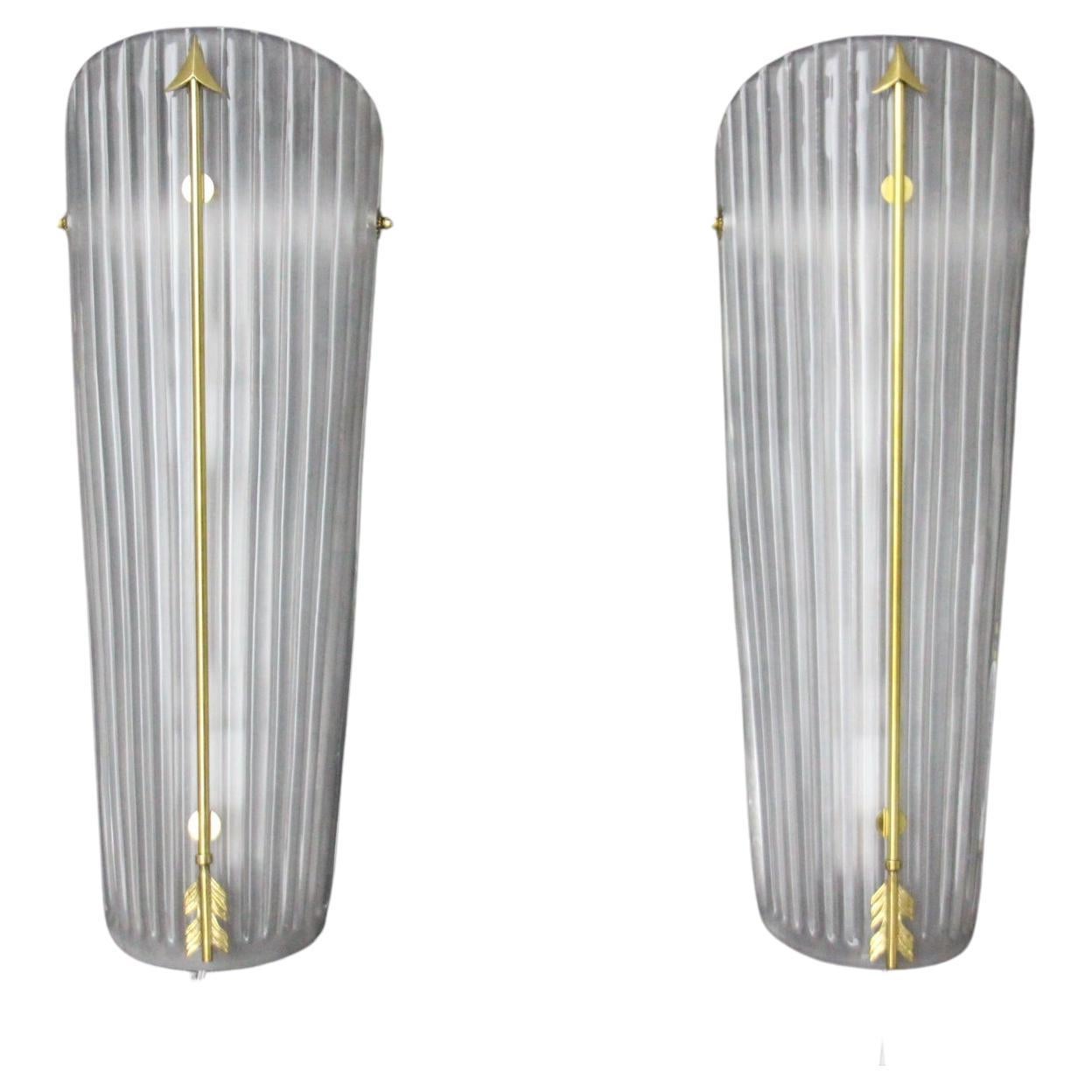 Tall Mid-Century Pair of Sconces in White Glass , Petitot Style Wall Lights