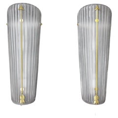 Tall Mid-Century Pair of Sconces in White Glass , Petitot Style Wall Lights
