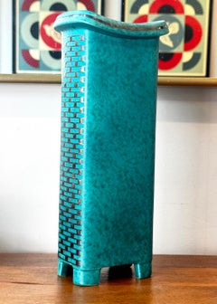 Tall Mid-Century Swedish Argenta Vase w/ Geometric Decoration, by Wilhelm Kage