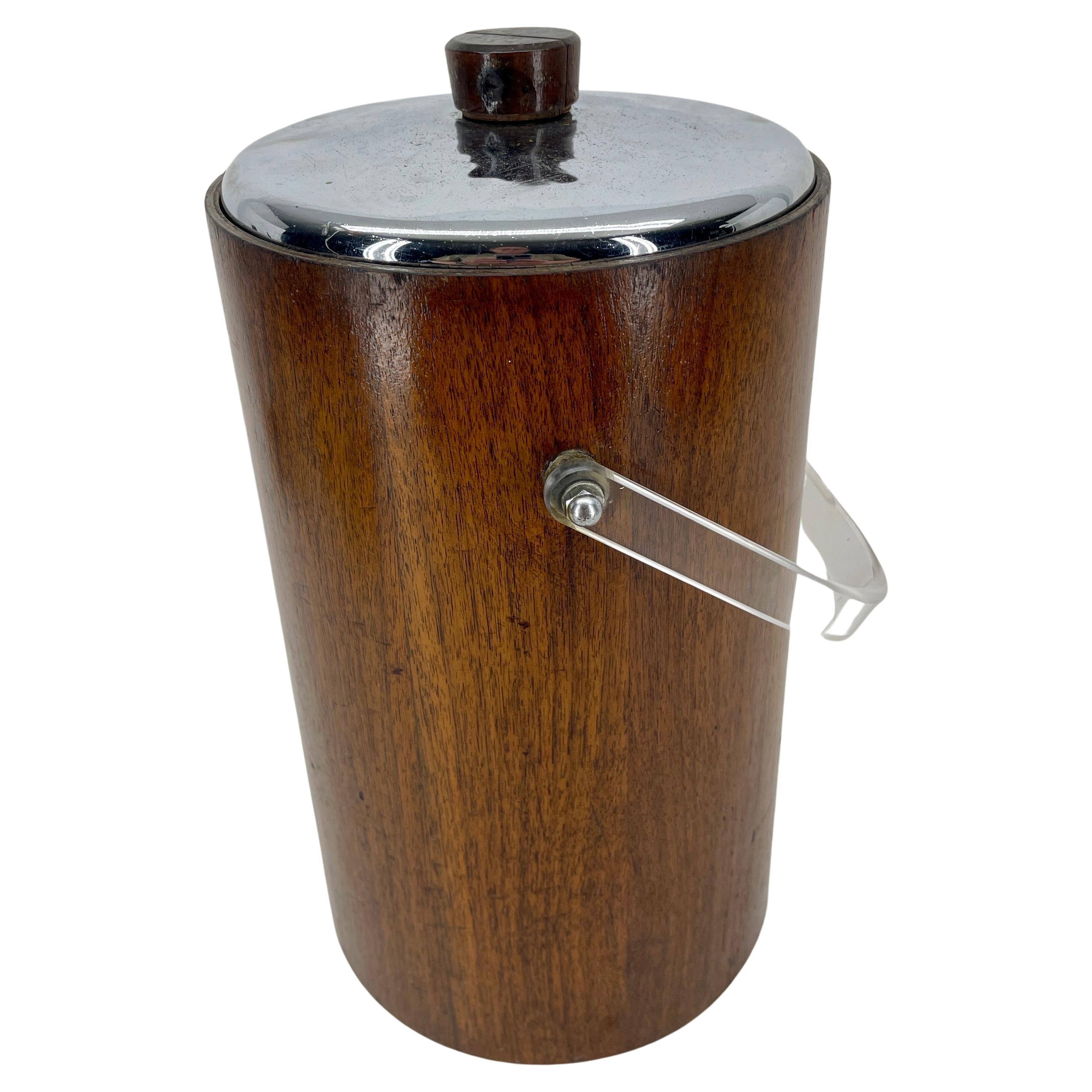 Tall Mid-Century Teak Chrome Ice Bucket with Thermos Liner and Lucite Handle For Sale 2