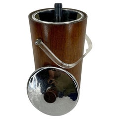 Tall Mid-Century Teak Chrome Ice Bucket with Thermos Liner and Lucite Handle