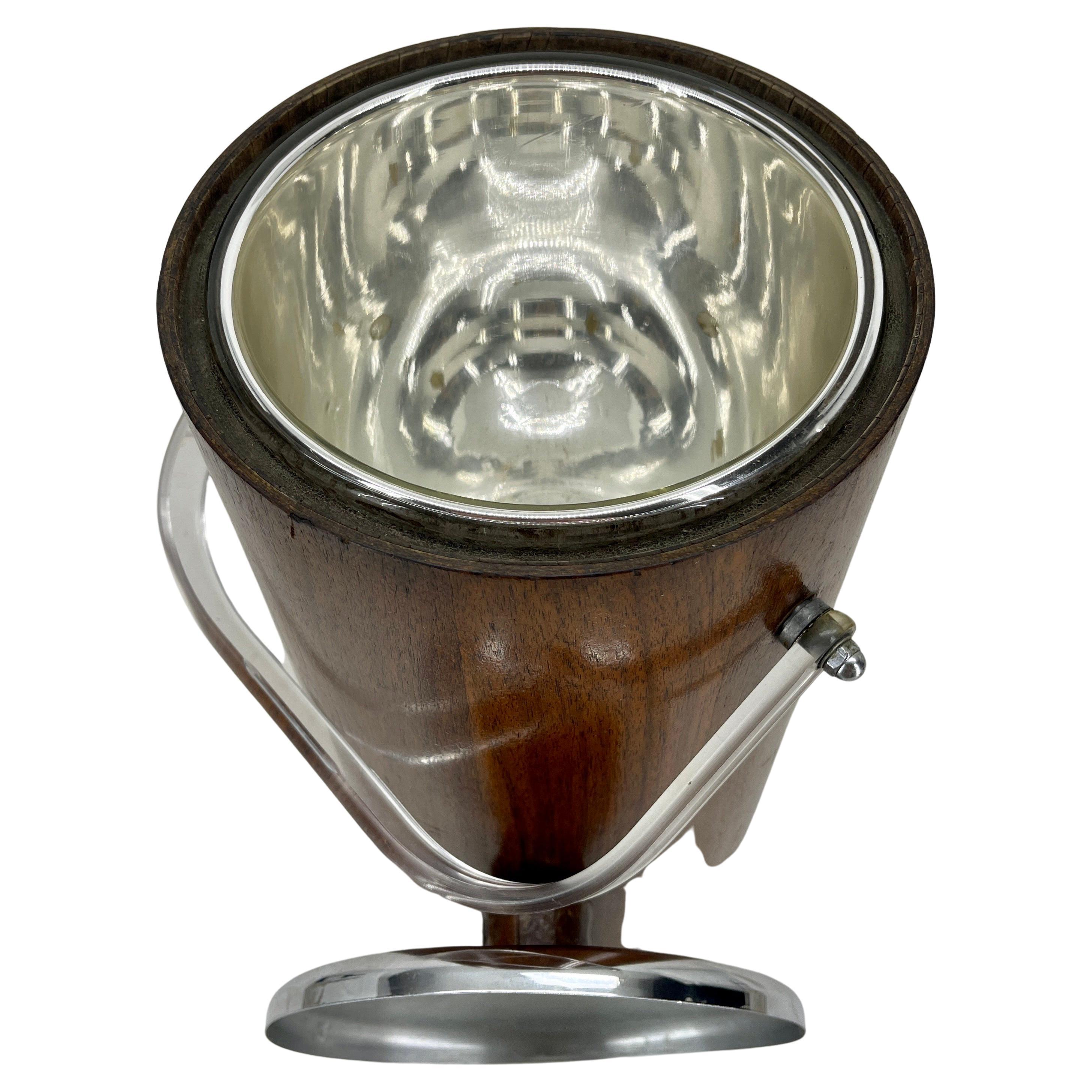 American Tall Mid-Century Teak Chrome Ice Bucket with Thermos Liner and Lucite Handle For Sale