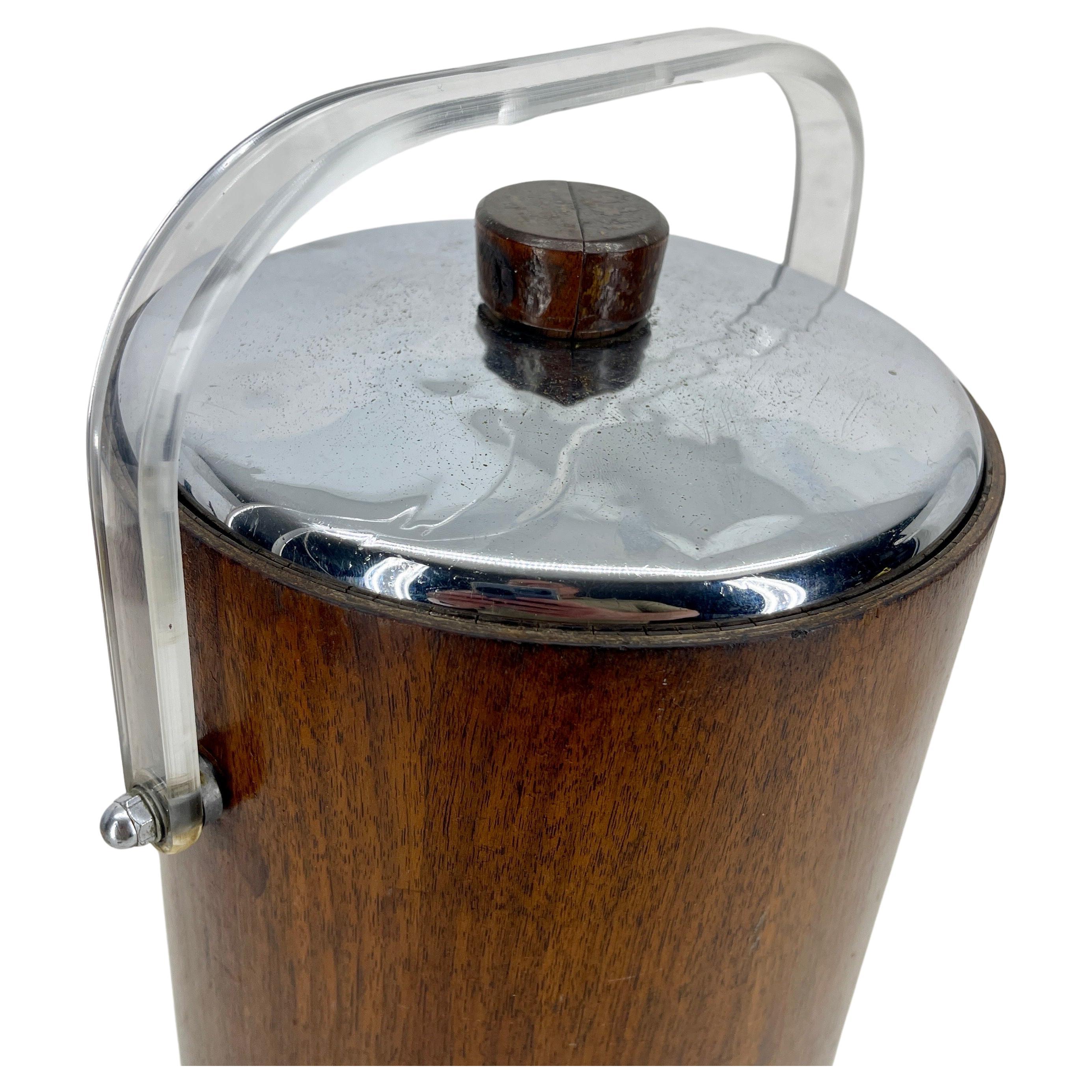 American Tall Mid-Century Teak Chrome Ice Bucket with Thermos Liner and Lucite Handle For Sale