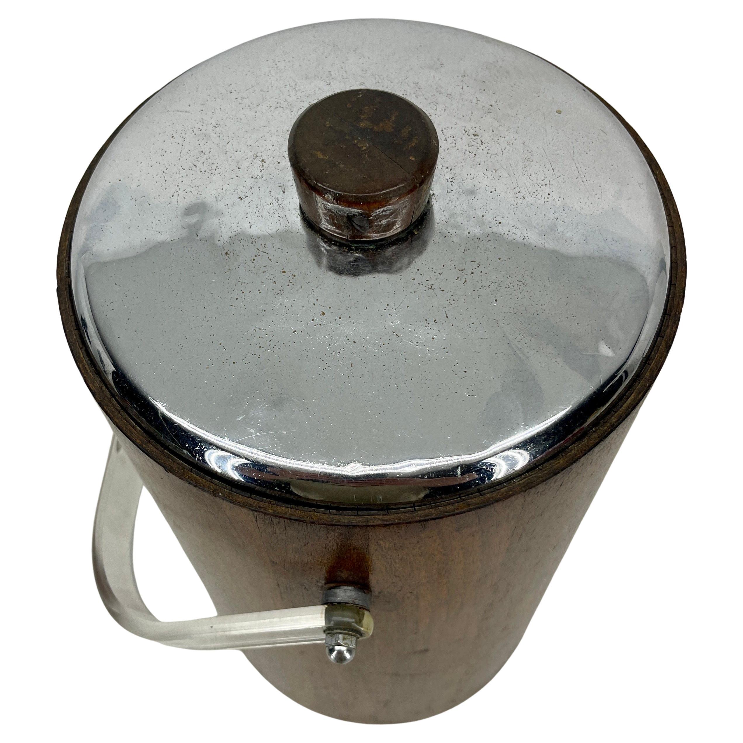 Tall Mid-Century Teak Chrome Ice Bucket with Thermos Liner and Lucite Handle For Sale 1