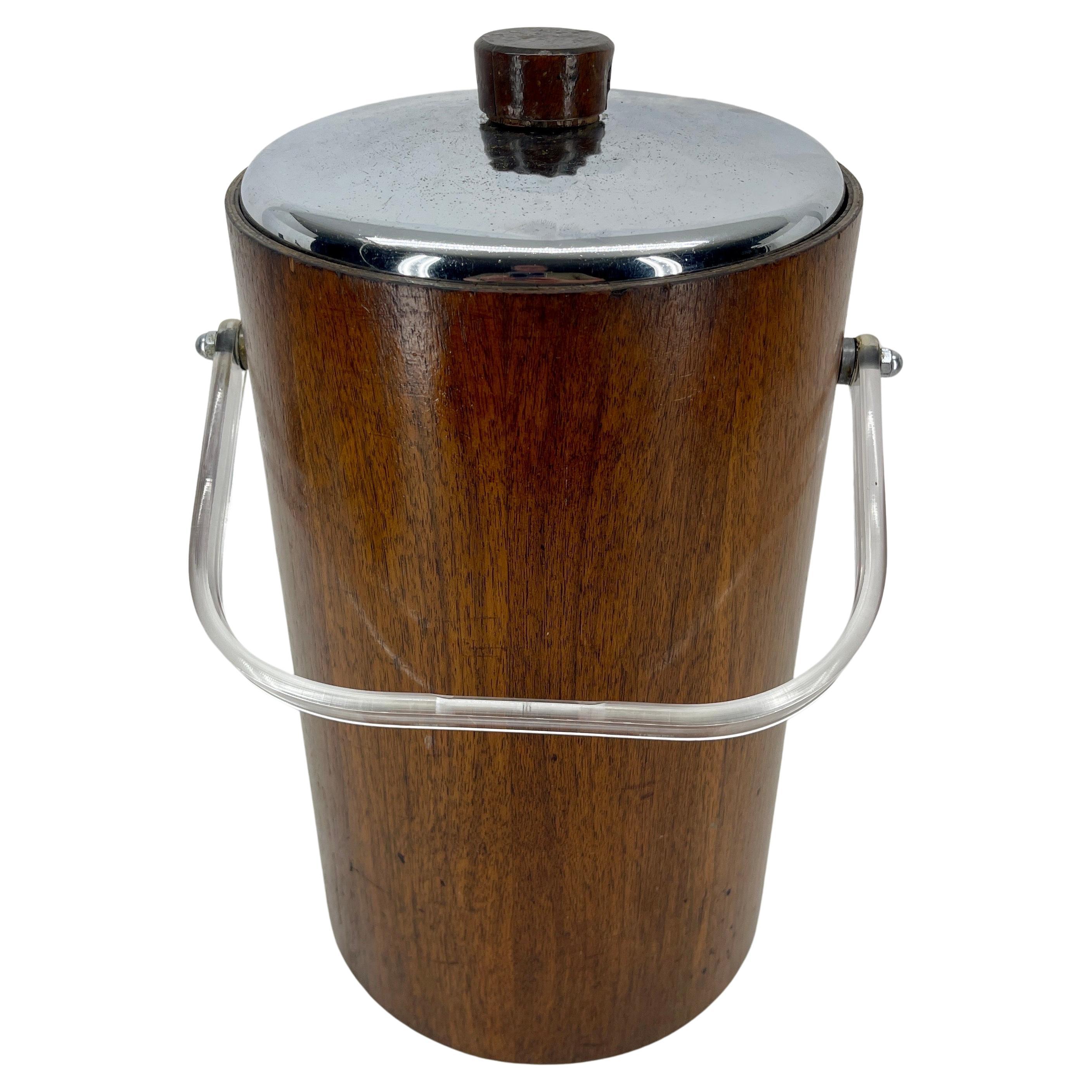 Tall Mid-Century Teak Chrome Ice Bucket with Thermos Liner and Lucite Handle For Sale 1