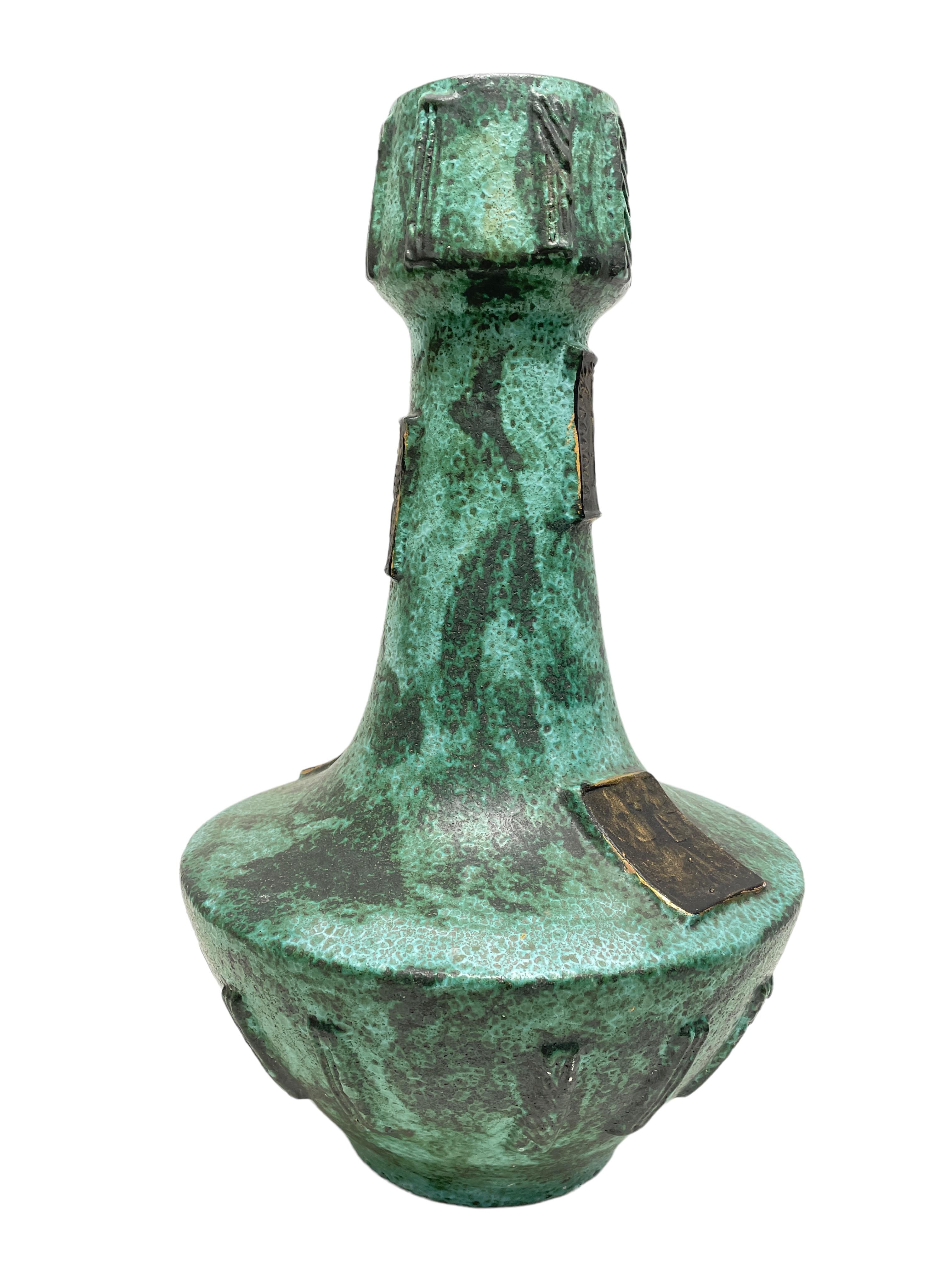 Hand-Crafted Tall Mid-Century West German Pottery Jade Green Egypt Motif Floor Vase, 1970s For Sale