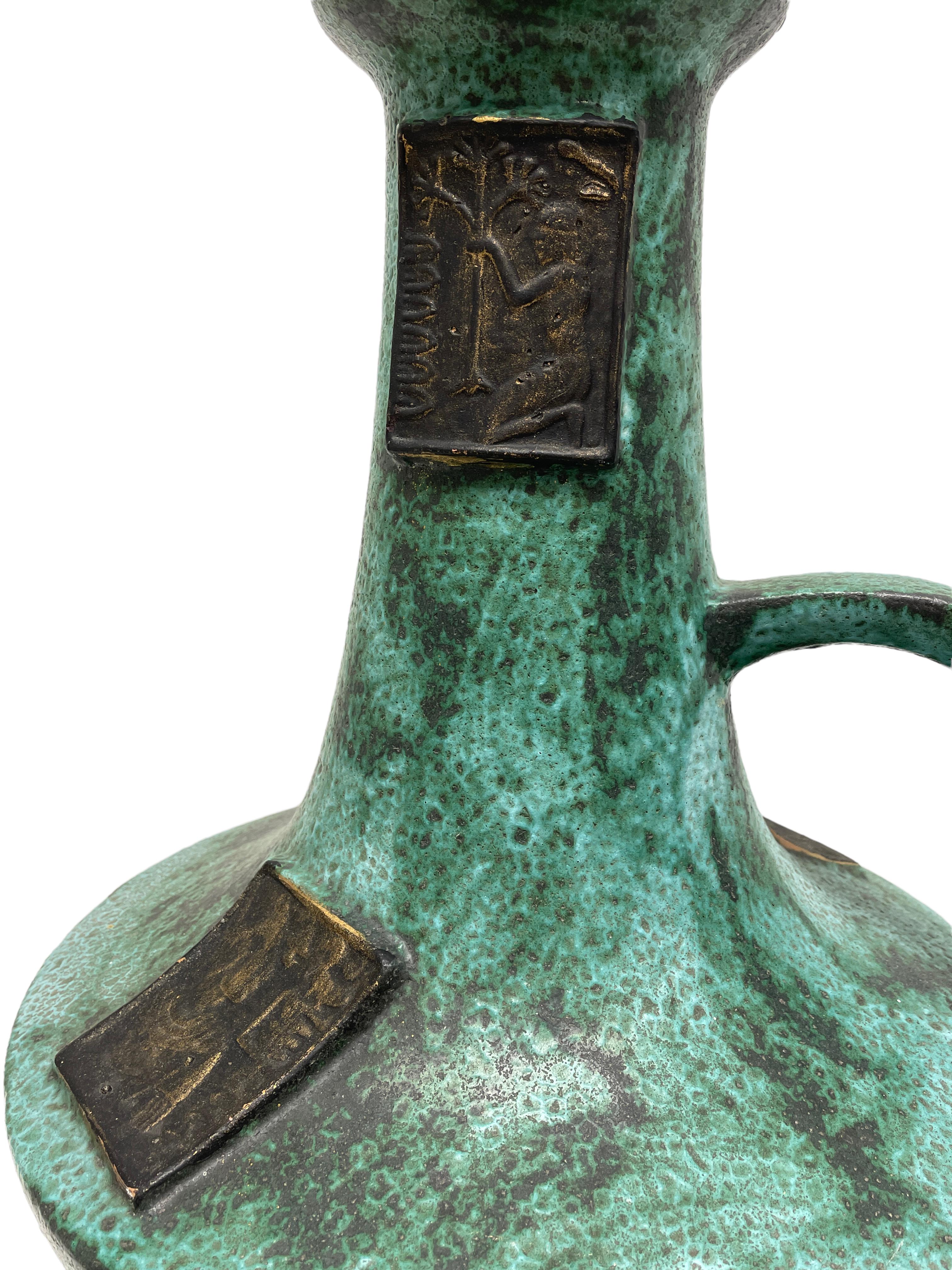 Ceramic Tall Mid-Century West German Pottery Jade Green Egypt Motif Floor Vase, 1970s For Sale