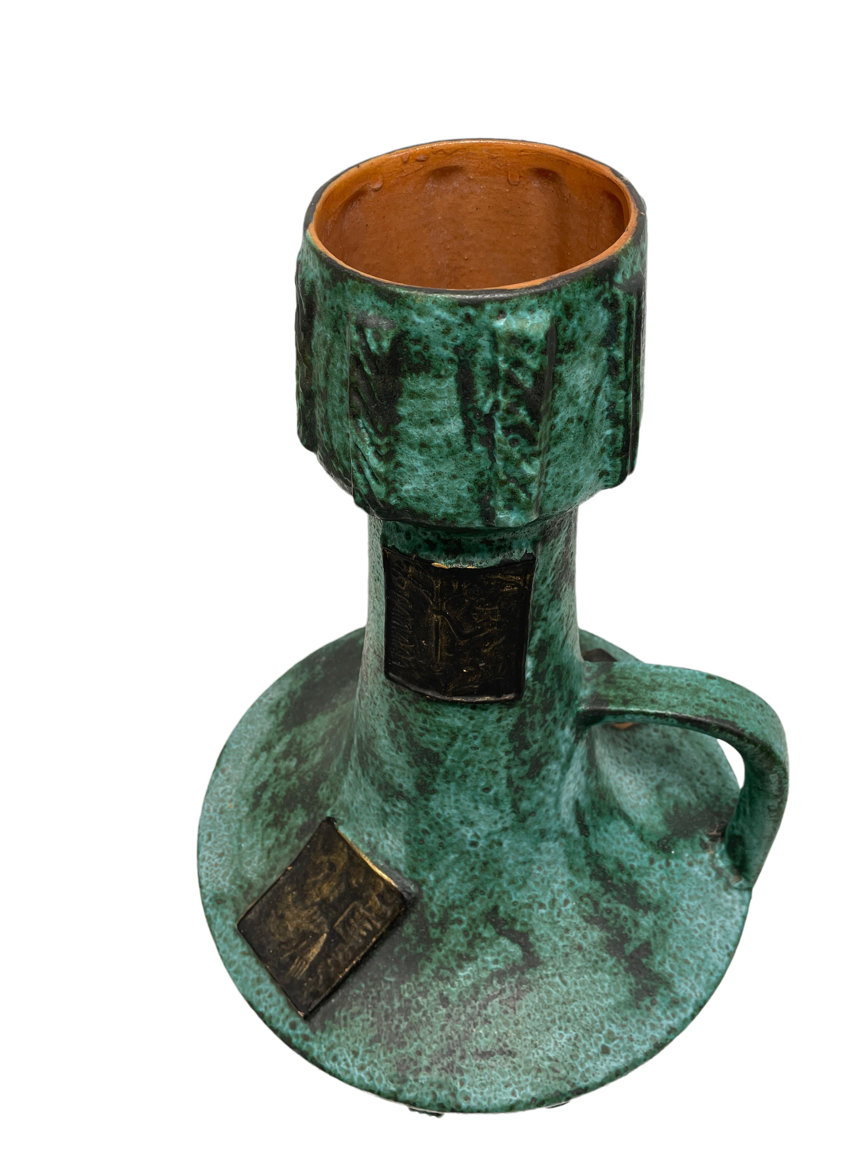 Tall Mid-Century West German Pottery Jade Green Egypt Motif Floor Vase, 1970s For Sale 1