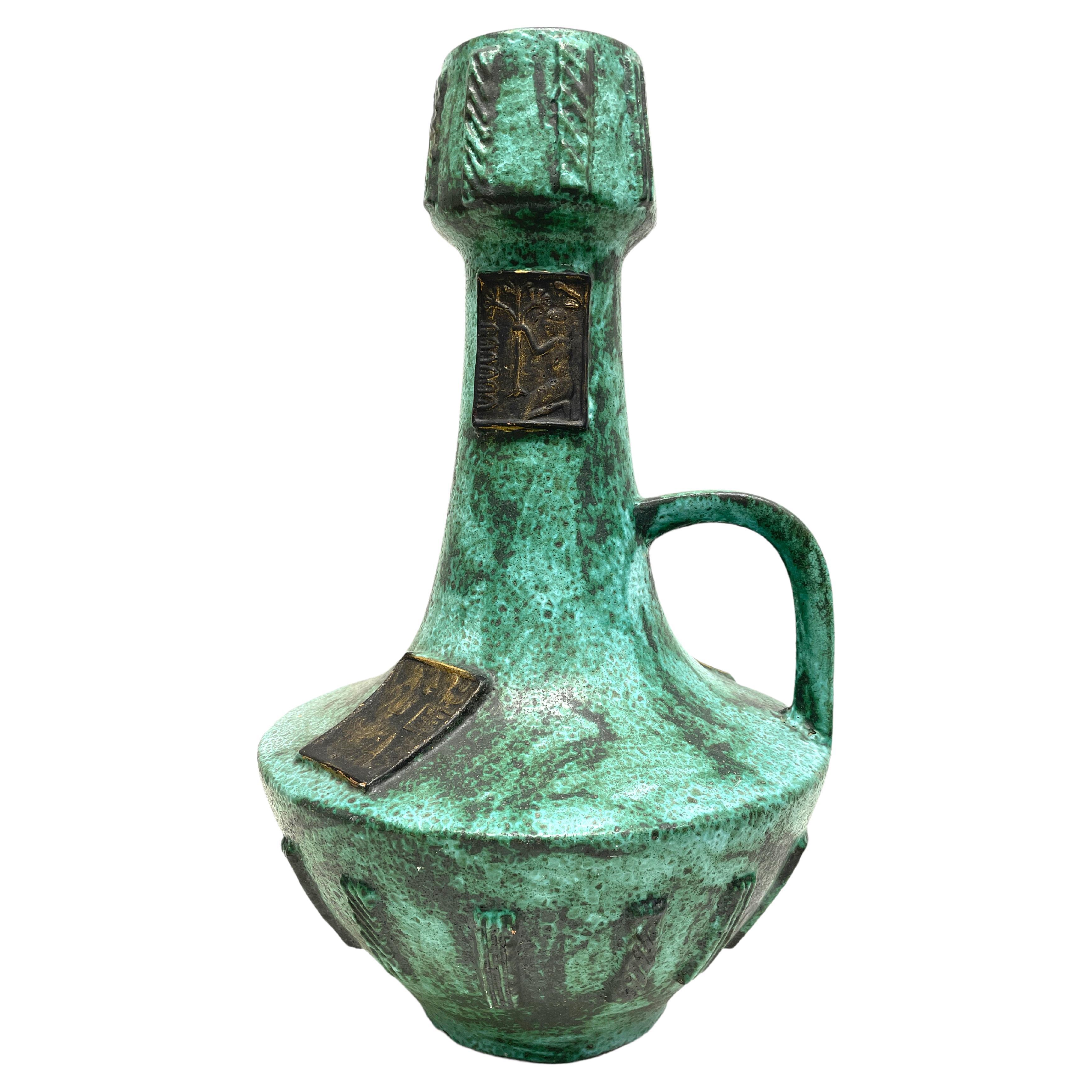 Tall Mid-Century West German Pottery Jade Green Egypt Motif Floor Vase, 1970s For Sale