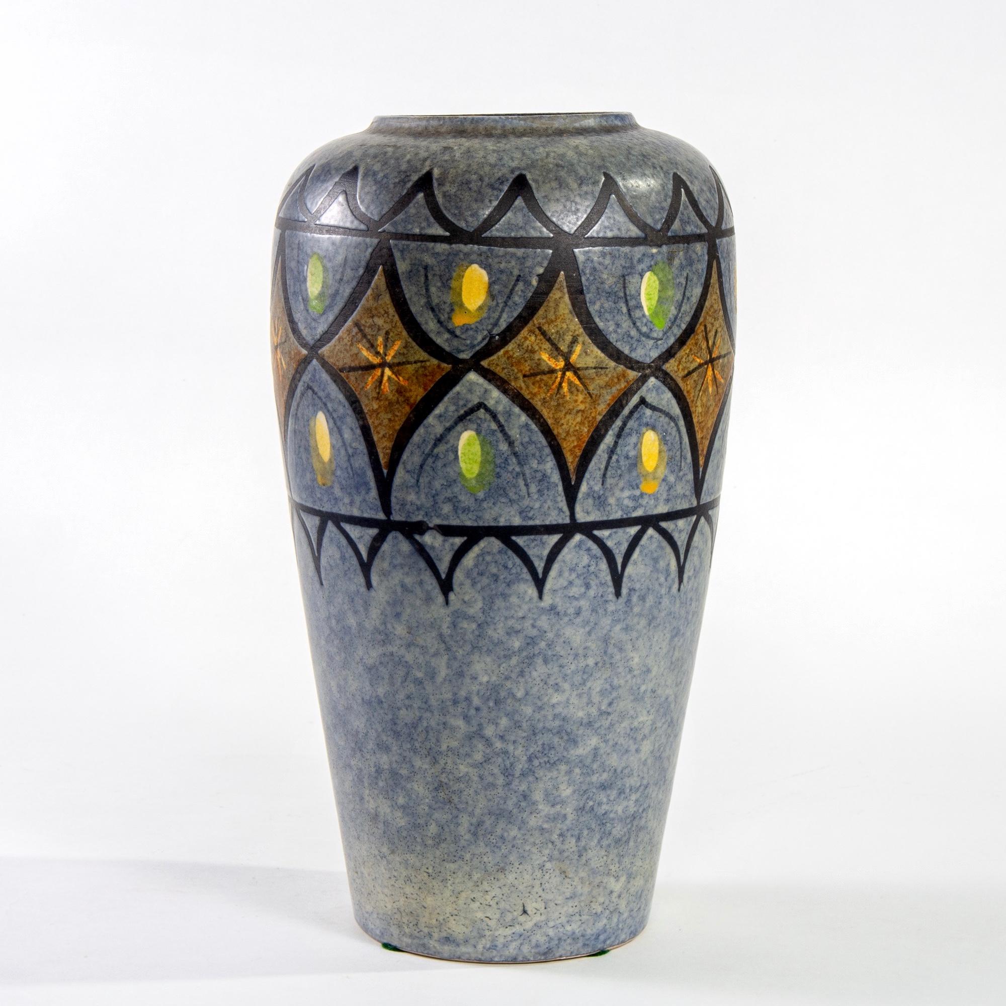 West German tall ceramic vase has a gray blue glaze with a bold incised and glazed decorative border at the top, circa 1960s. Unknown maker - we cannot make out manufacturer’s numbers on underside of base, but this is probably made by
