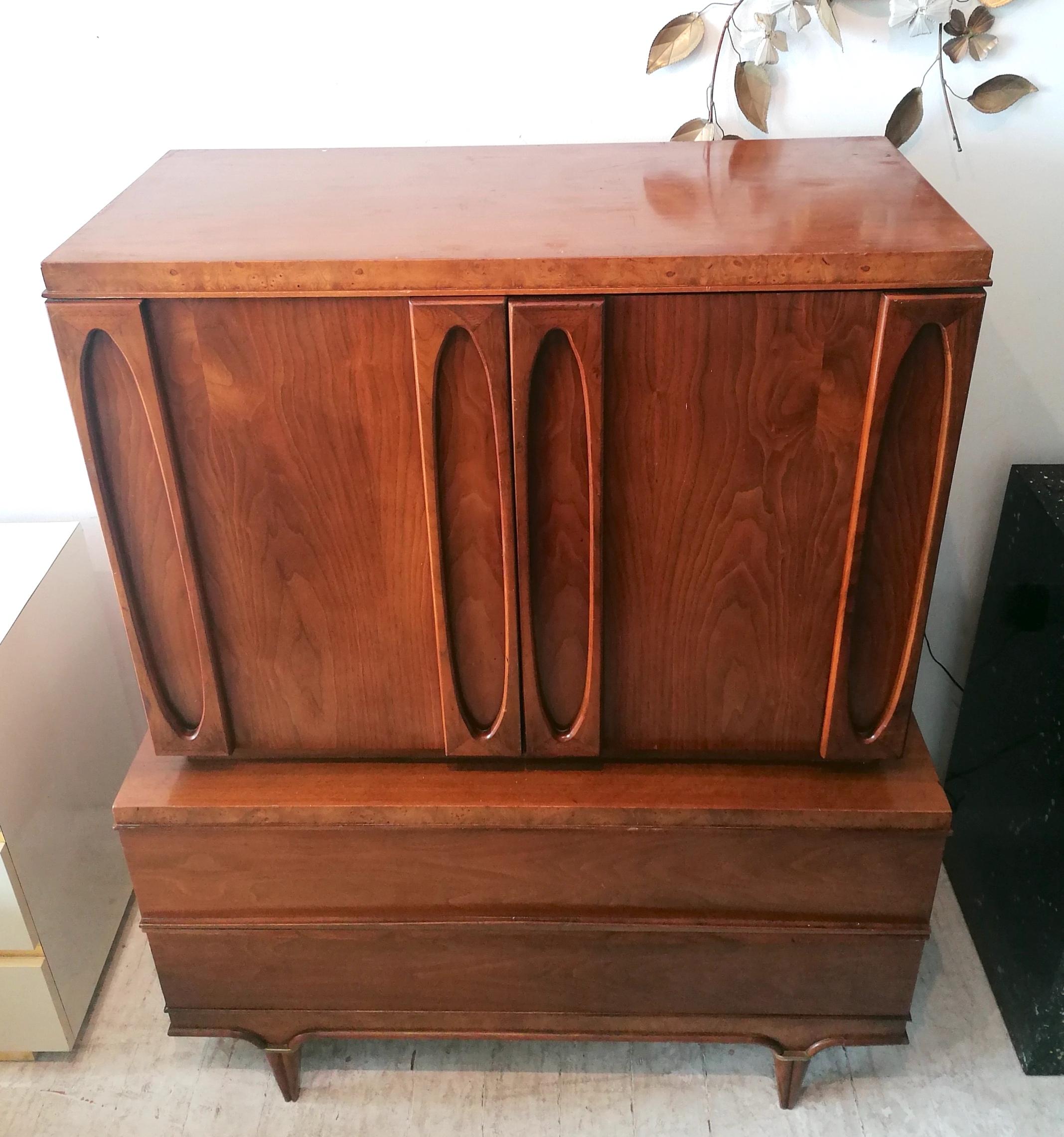 Tall midcentury American walnut & burl cabinet by American of Martinsville 1960s 2
