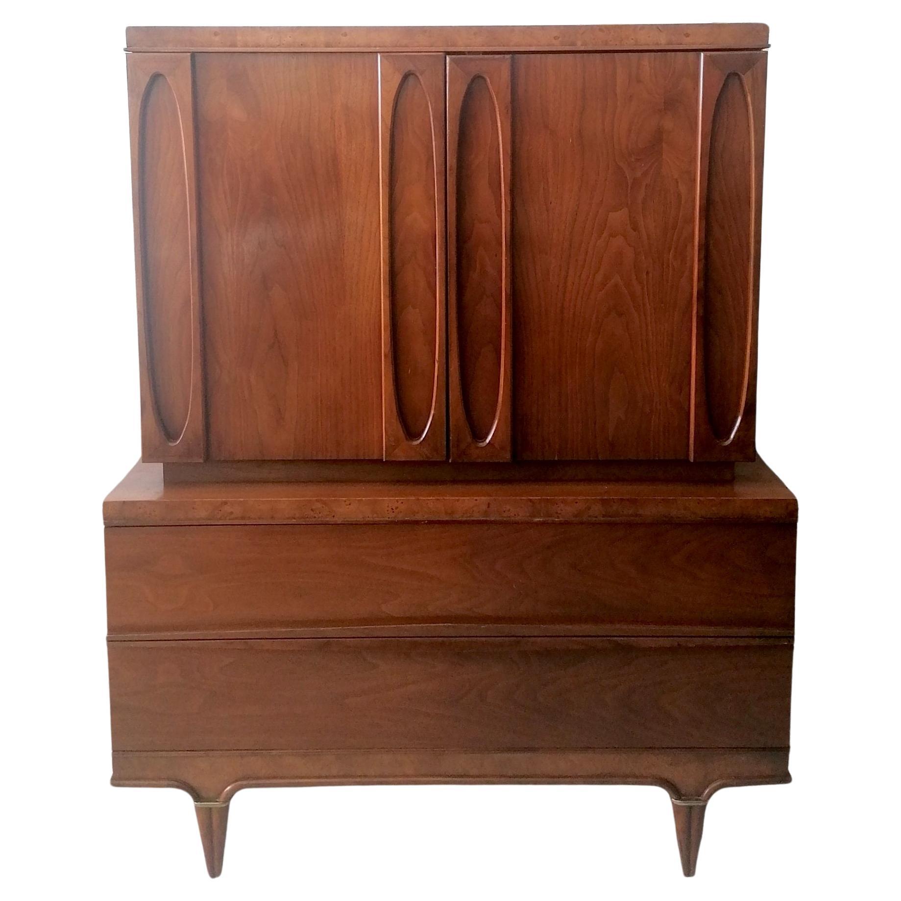 Tall midcentury American walnut & burl cabinet by American of Martinsville 1960s For Sale