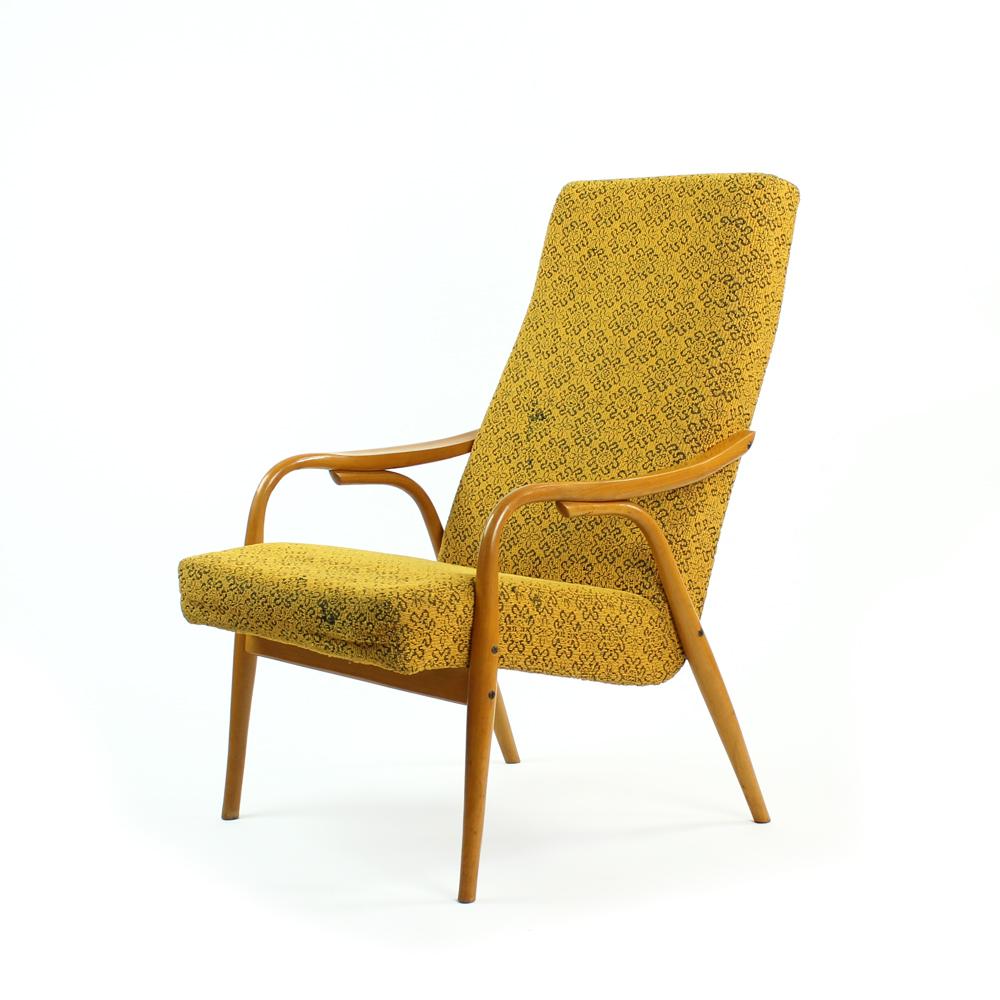 Tall Midcentury Armchairs by TON in Original Yellow Fabric, Czechoslovakia 1960s For Sale 1