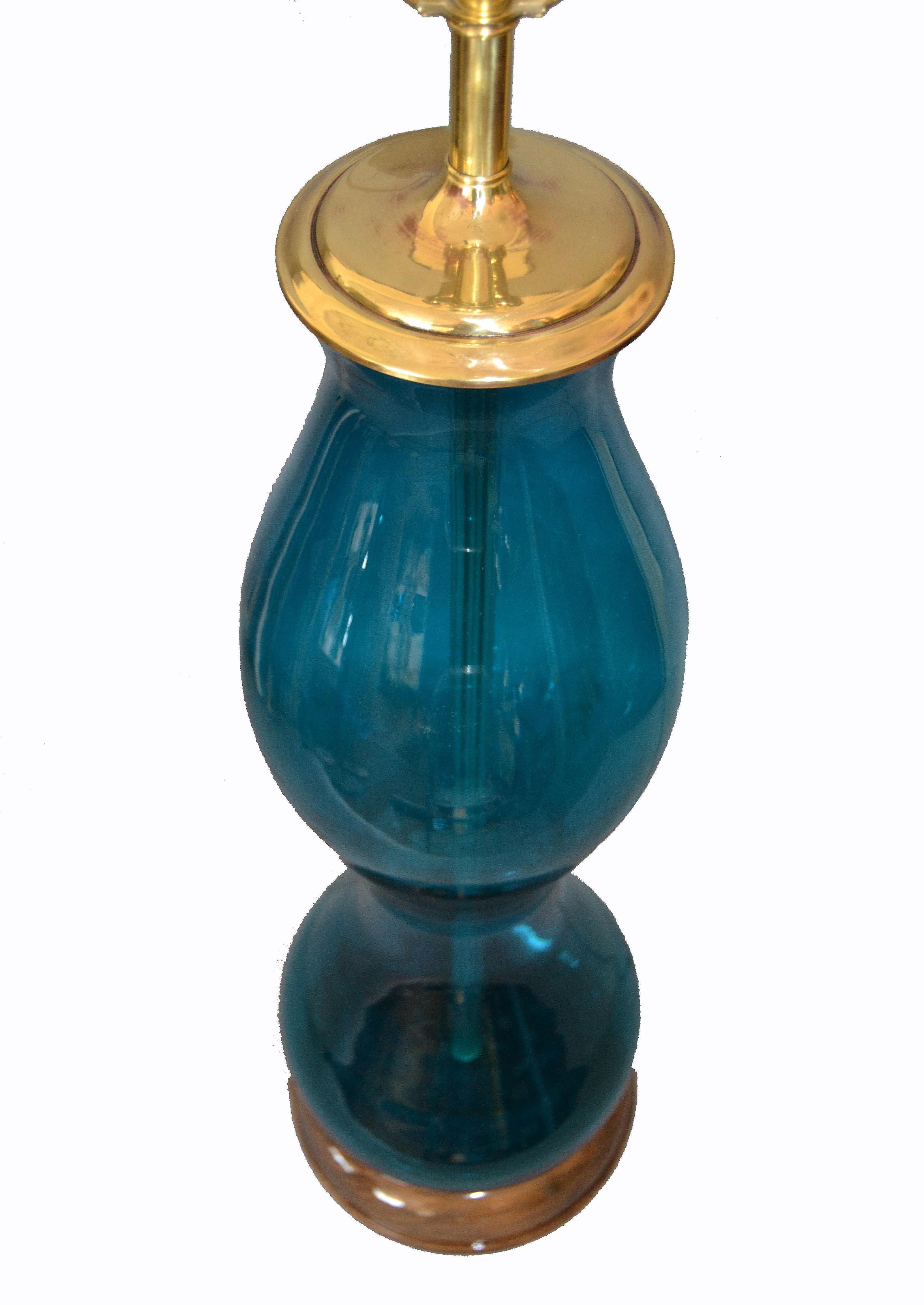 Mid-Century Modern Original Tall Mid-century Modern Blue Hand Blown Art Glass Table Lamp by Blenko