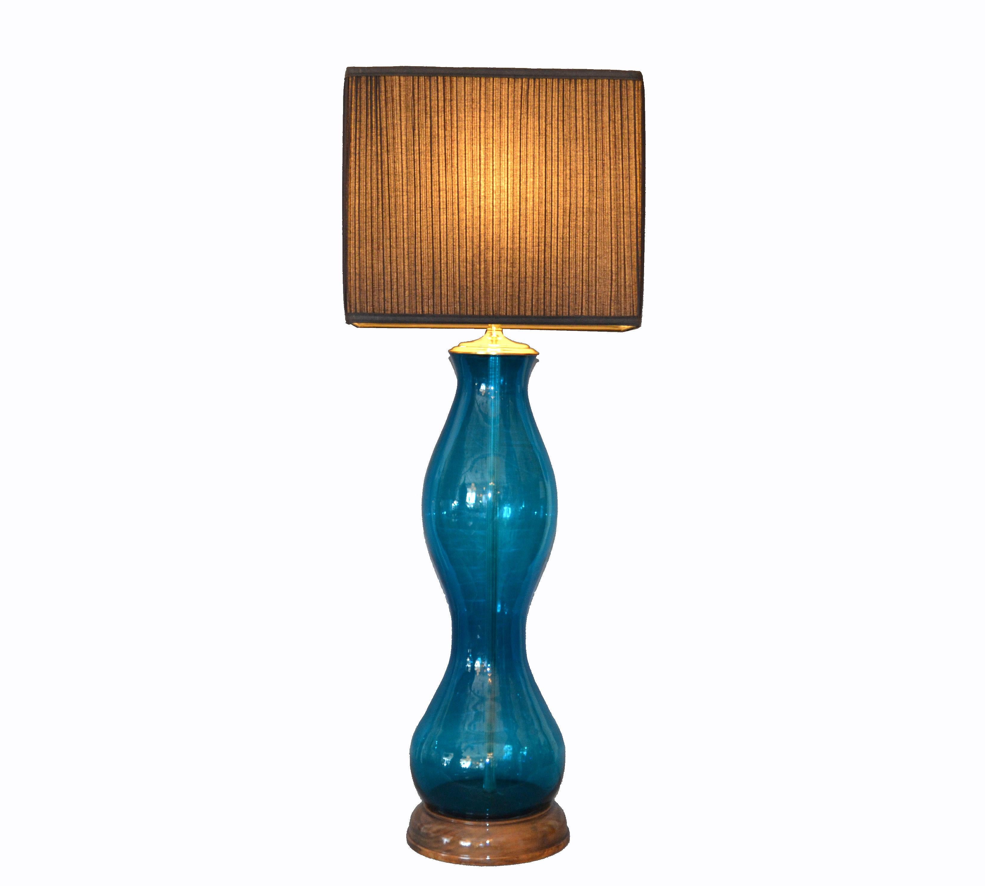Original Tall Mid-century Modern Blue Hand Blown Art Glass Table Lamp by Blenko 1