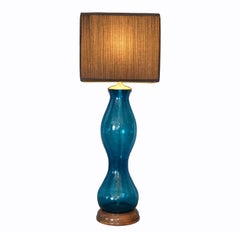 Original Tall Mid-century Modern Blue Hand Blown Art Glass Table Lamp by Blenko