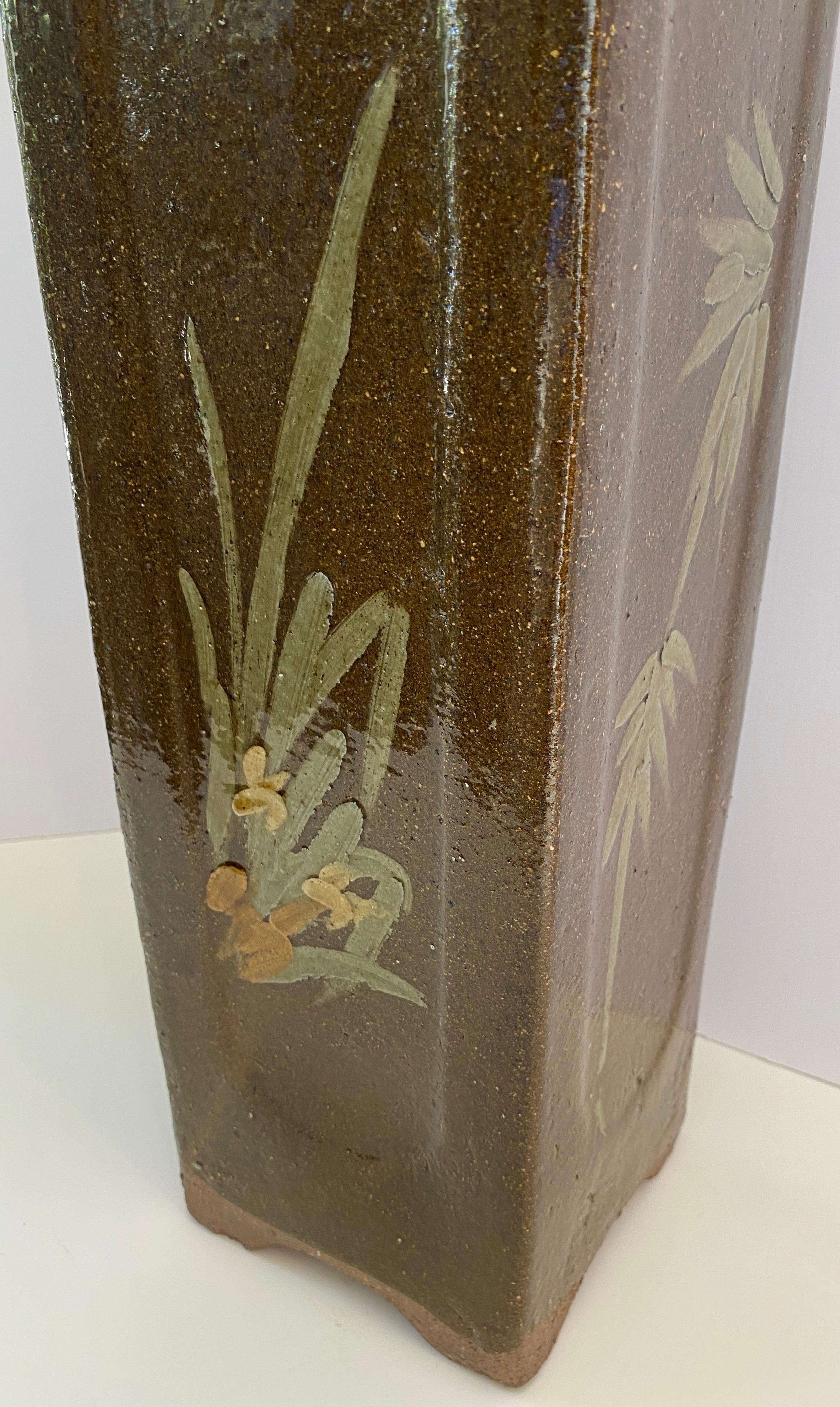 Mid-Century Modern Tall Midcentury Ceramic Flower Vase or Planter Green and Brown, Umbrella Stand For Sale