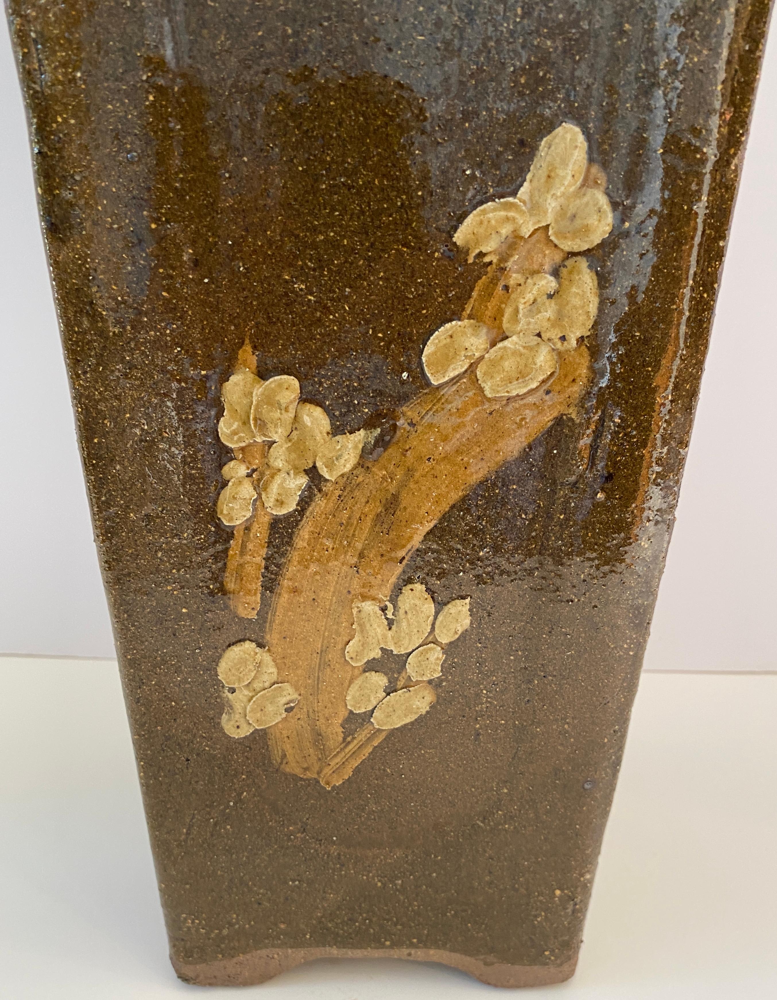 Chinese Tall Midcentury Ceramic Flower Vase or Planter Green and Brown, Umbrella Stand For Sale