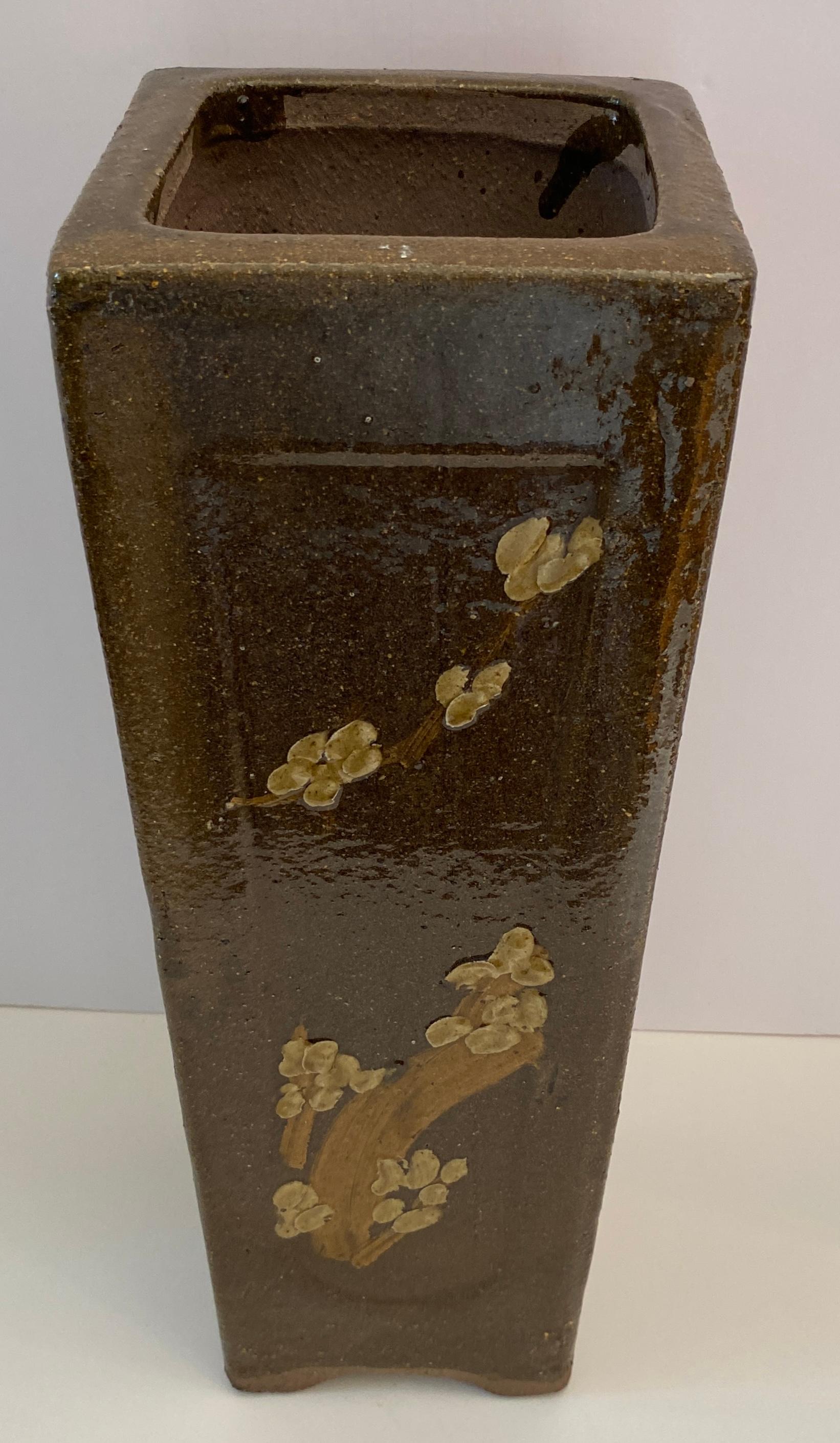 Tall Midcentury Ceramic Flower Vase or Planter Green and Brown, Umbrella Stand In Good Condition For Sale In Miami, FL