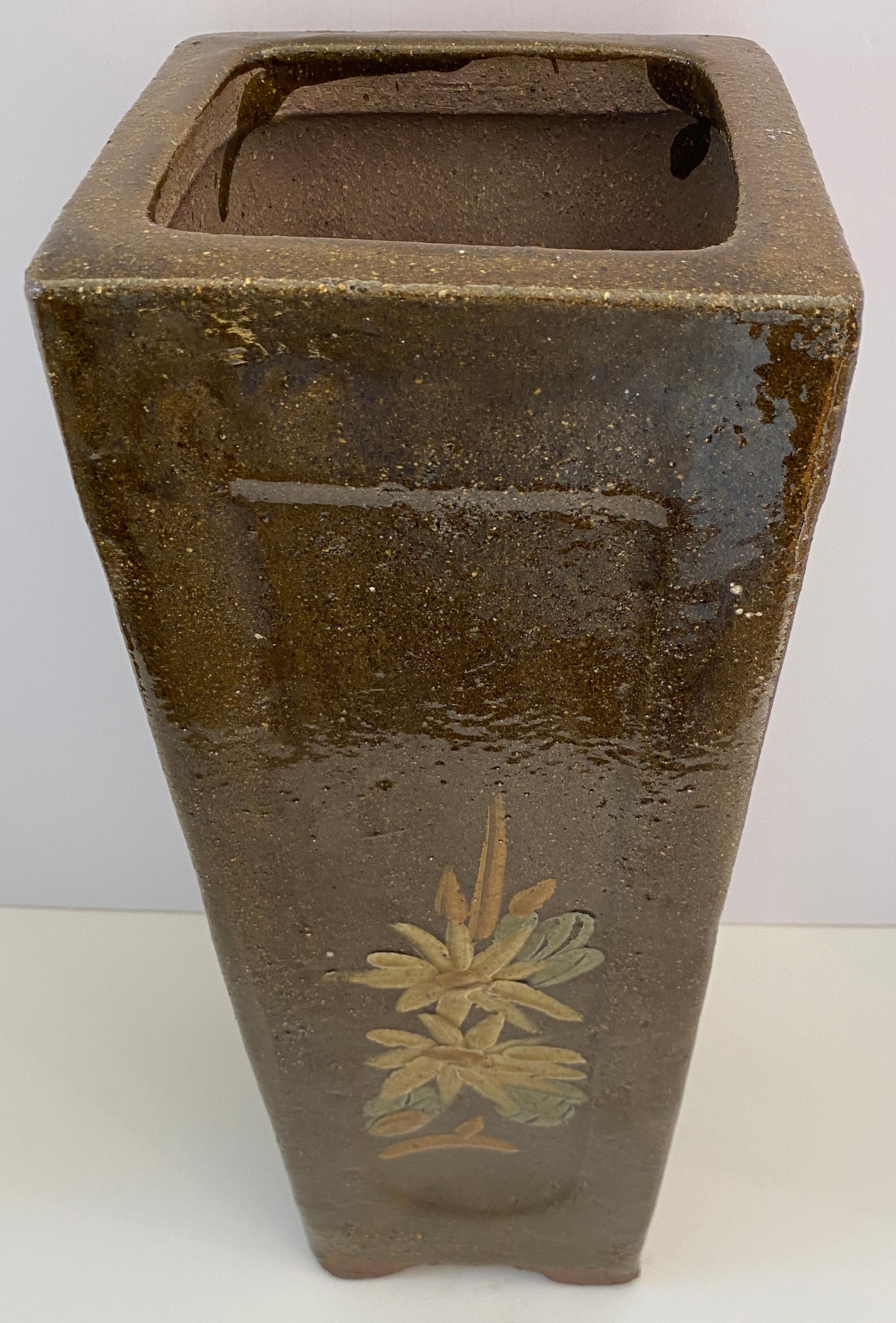 20th Century Tall Midcentury Ceramic Flower Vase or Planter Green and Brown, Umbrella Stand For Sale