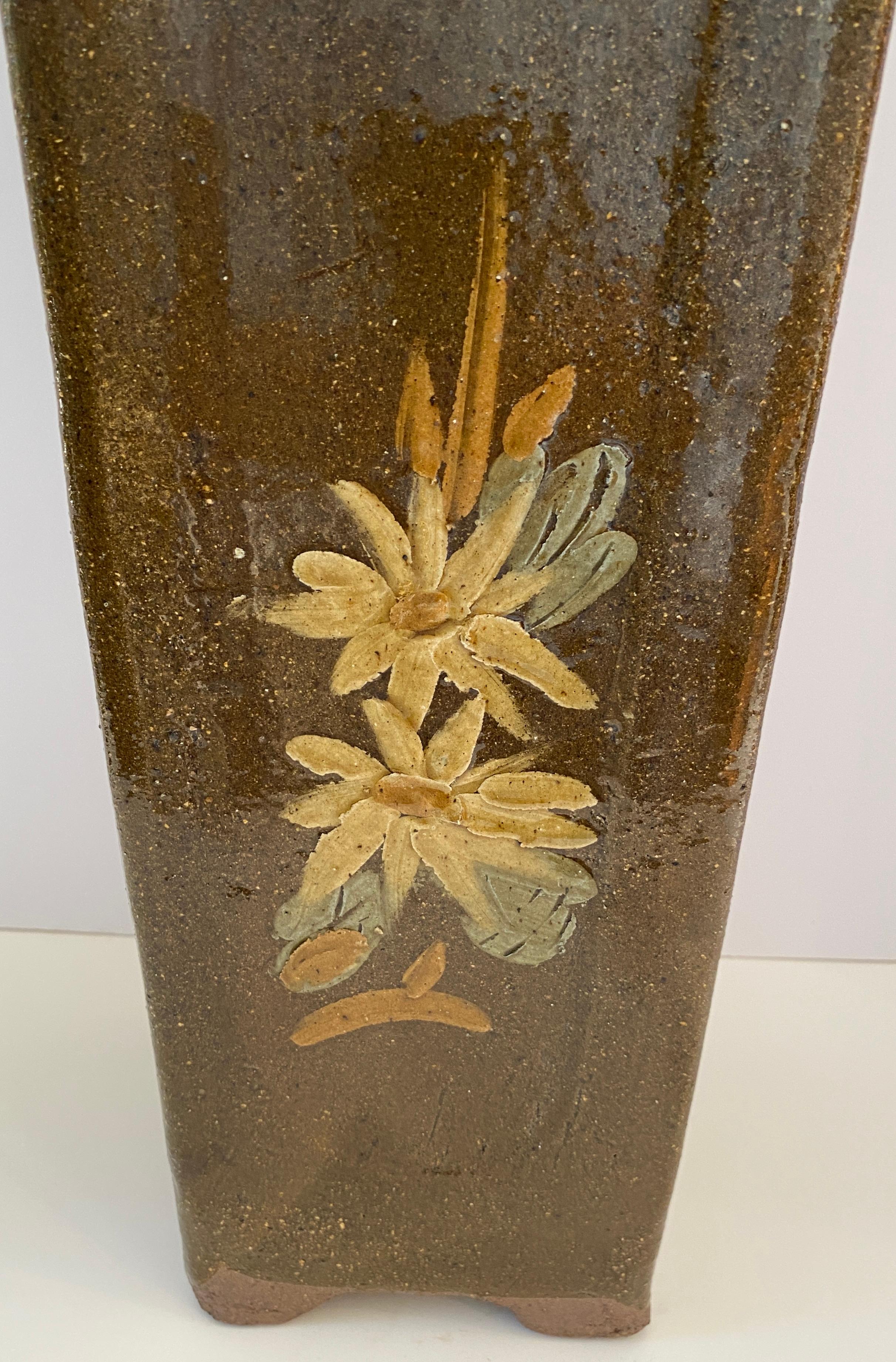 Tall Midcentury Ceramic Flower Vase or Planter Green and Brown, Umbrella Stand For Sale 1