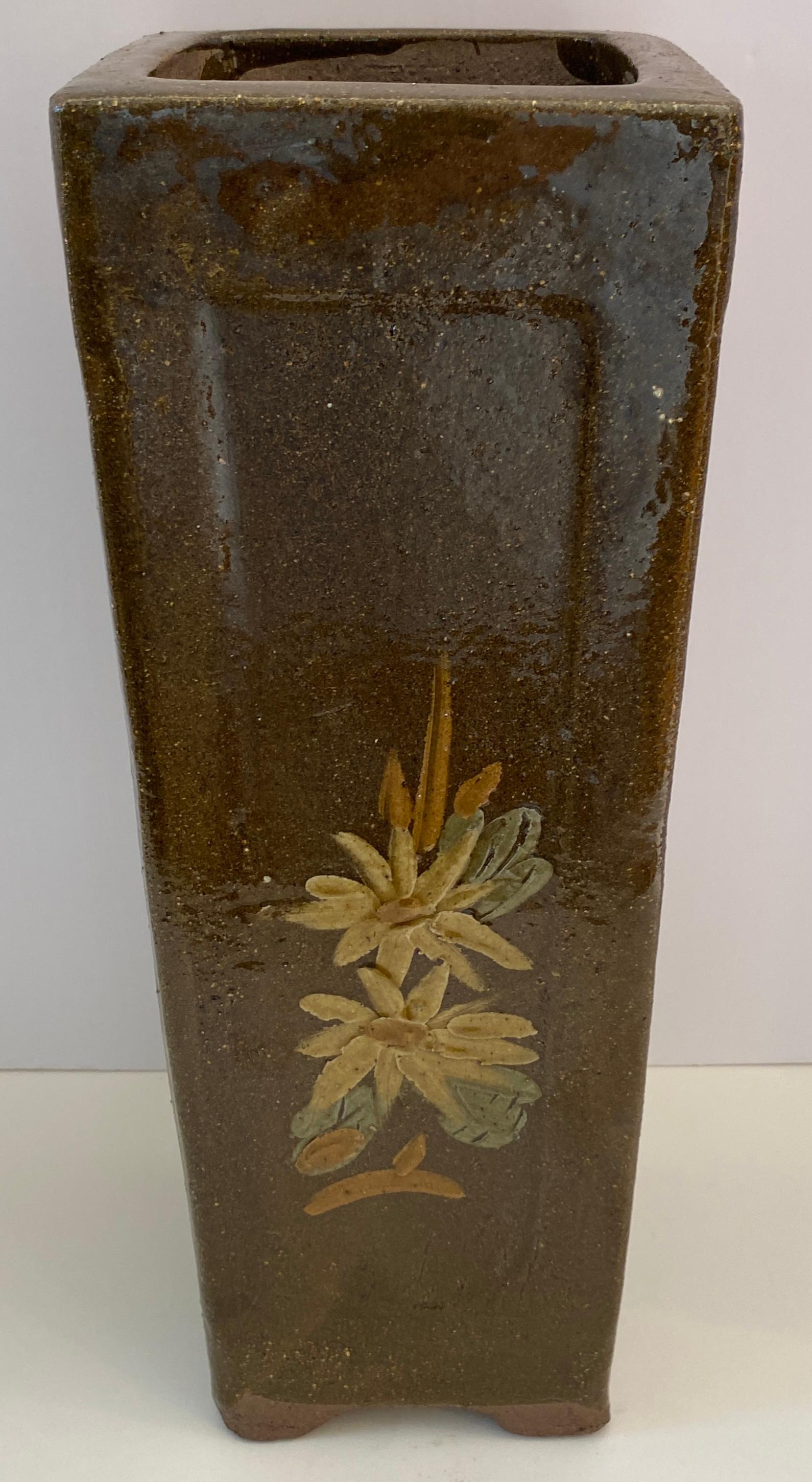 Tall Midcentury Ceramic Flower Vase or Planter Green and Brown, Umbrella Stand For Sale 2