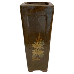 Tall Midcentury Ceramic Flower Vase or Planter Green and Brown, Umbrella Stand