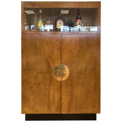 Tall Midcentury Chinoiserie Campaign Bar Display Cabinet Burl Wood