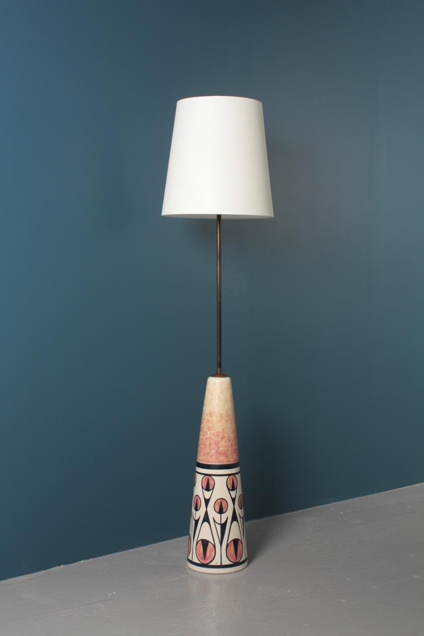 Hand-thrown ceramic floor lamp in various colors with brass holder. The come with new fabric lampshade. Designed and made in Denmark for Søholm in the 1960s.