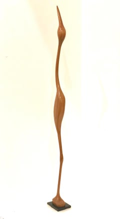 Tall Midcentury Egret Bird Sculpture Wood on Slate Stand