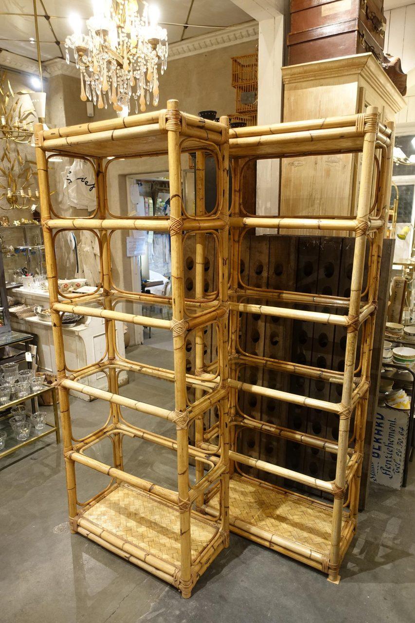 Super and tall midcentury handmade and strong rattan shelves, man height. The sturdy rattan poles are elegantly coupled with slim rattan bark. Originally from the old French colony Indo-China, and sold to the French market in the 1940s-1950s.

The