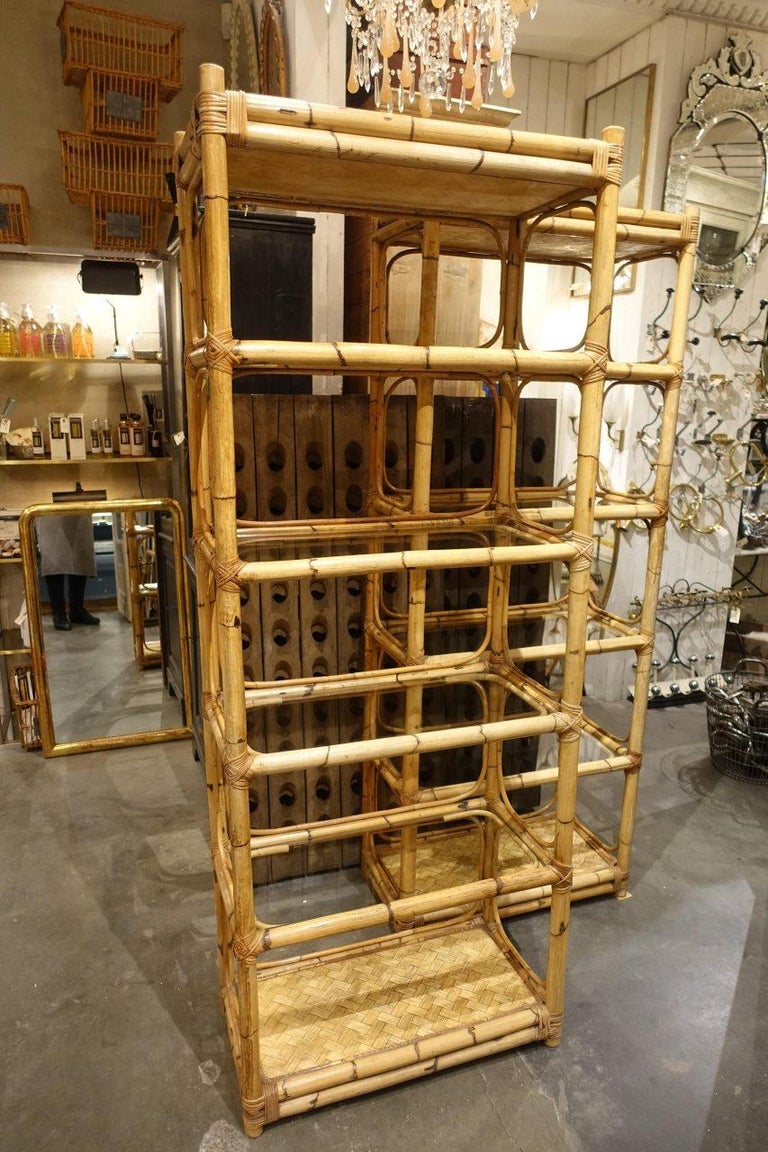 Tall Midcentury Handmade Strong Rattan and Glass Shelves at 1stDibs