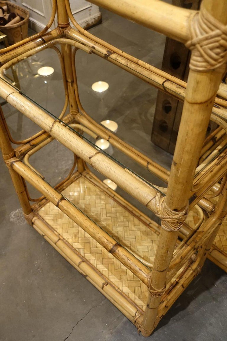 Tall Midcentury Handmade Strong Rattan and Glass Shelves at 1stDibs