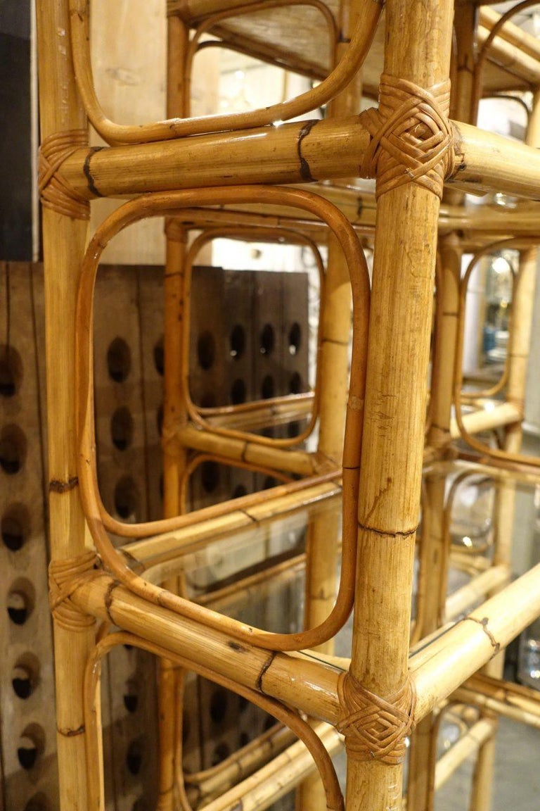 Tall Midcentury Handmade Strong Rattan and Glass Shelves at 1stDibs