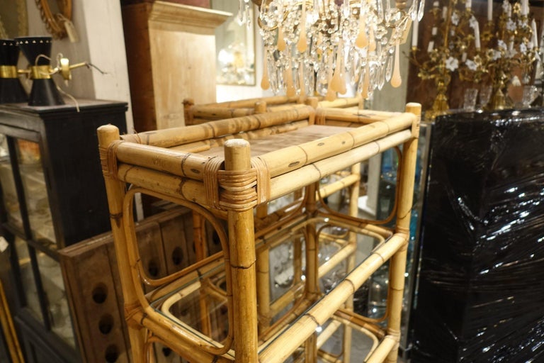 Tall Midcentury Handmade Strong Rattan and Glass Shelves at 1stDibs