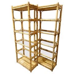 Tall Midcentury Handmade Strong Rattan and Glass Shelves