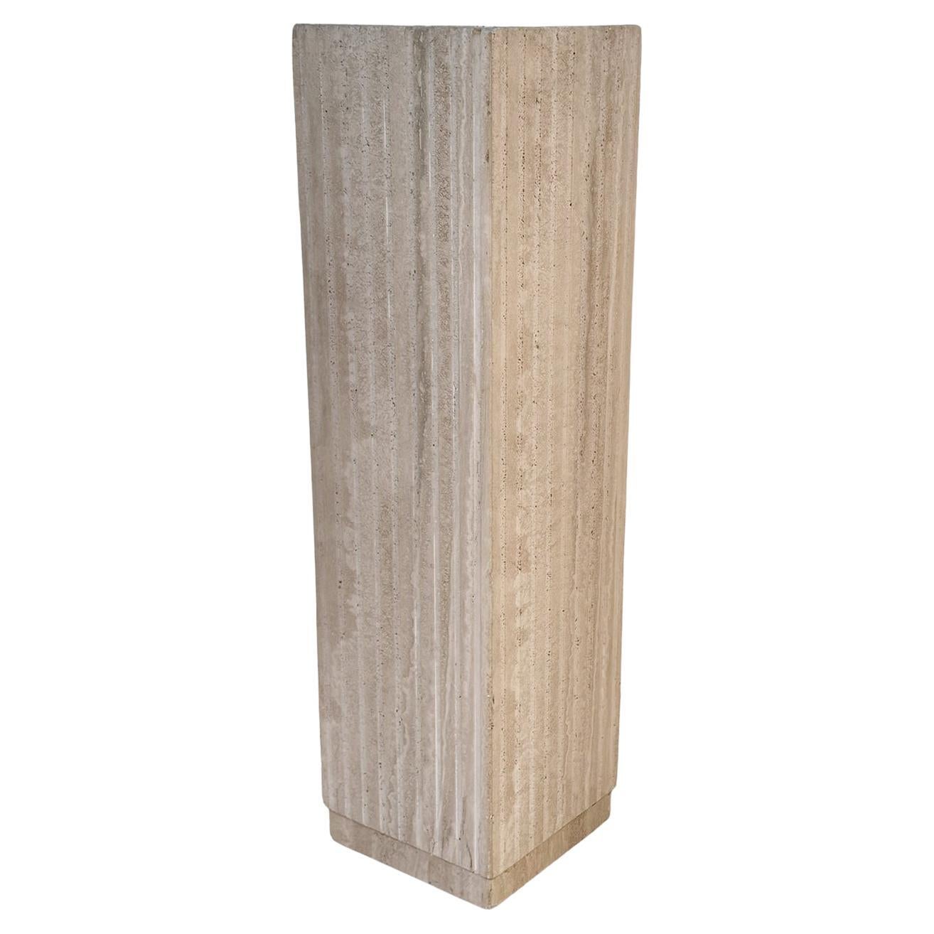 Tall Midcentury Italian Post Modern Fluted Travertine Marble Pedestal Table For Sale