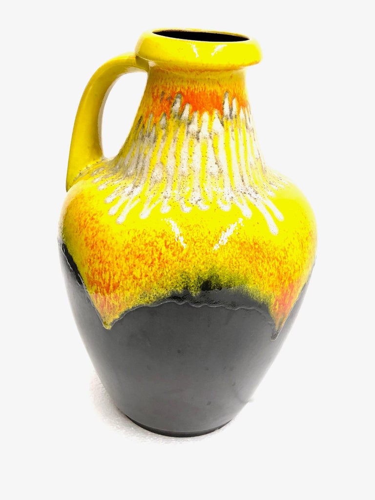 Tall Midcentury West German Pottery Yellow Brown Floor Vase Lava Glaze By Bay