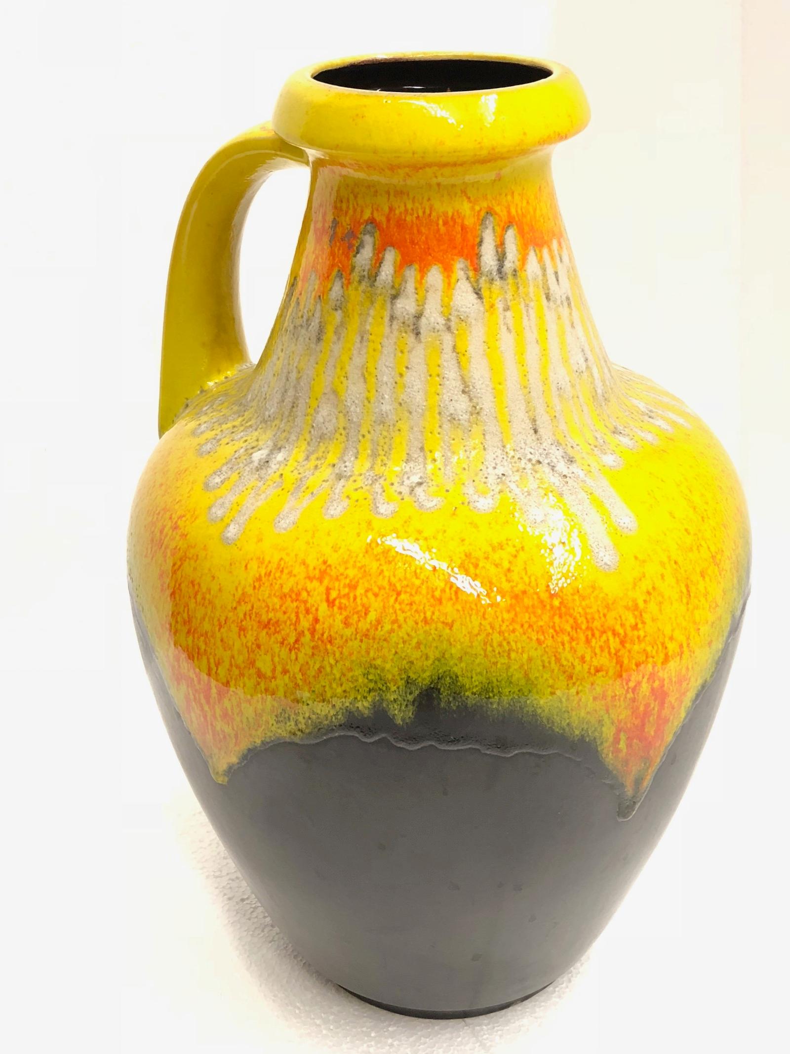 Tall Midcentury West German Pottery Yellow Brown Floor Vase Lava Glaze