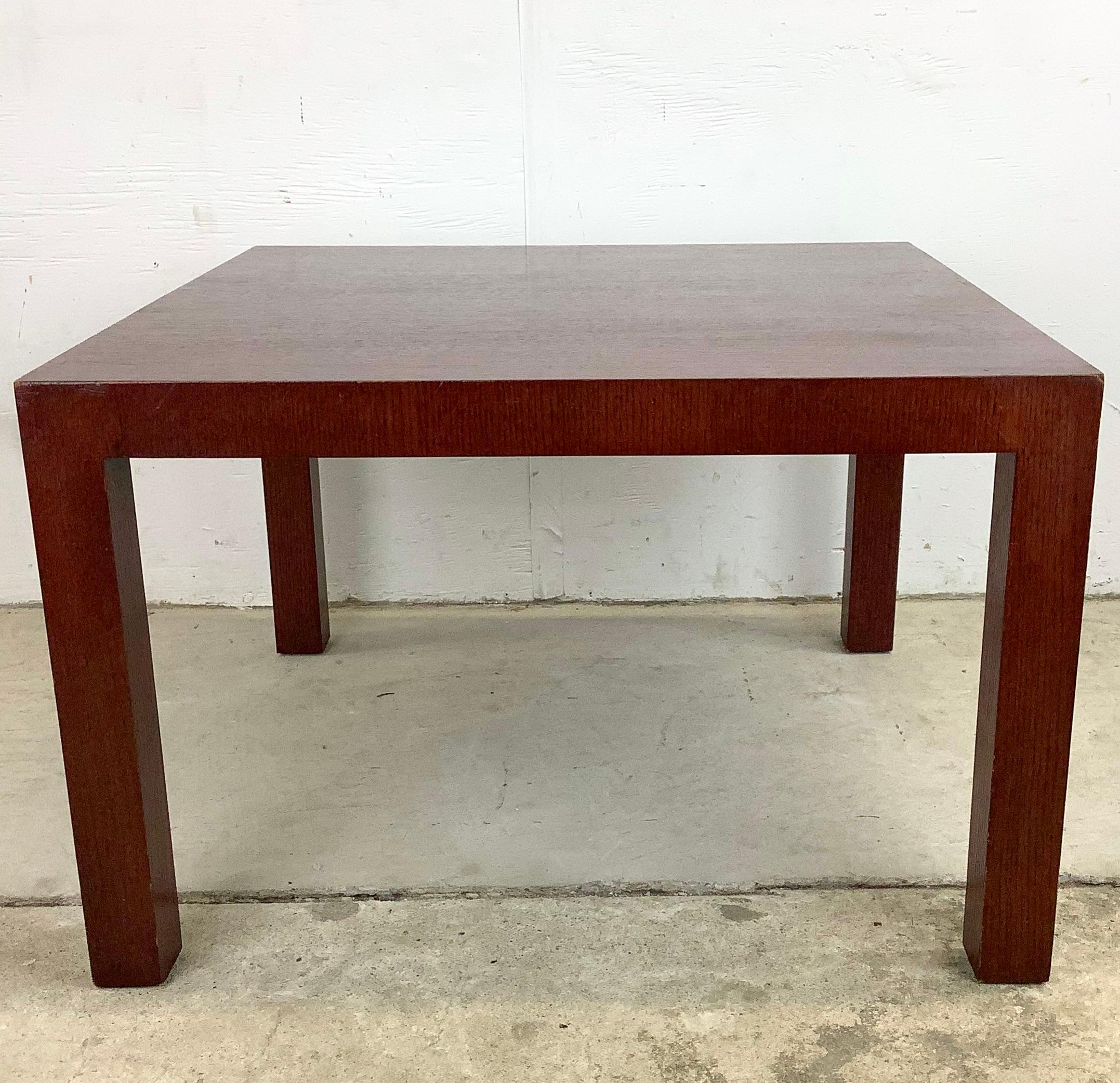The simple modern design of this Knoll side table is showcased in the clean modern lines and quality wood choice. Heavy construction and mcm style make this the perfect addition to any interior in need of a sofa side table or lamp table. Makers mark
