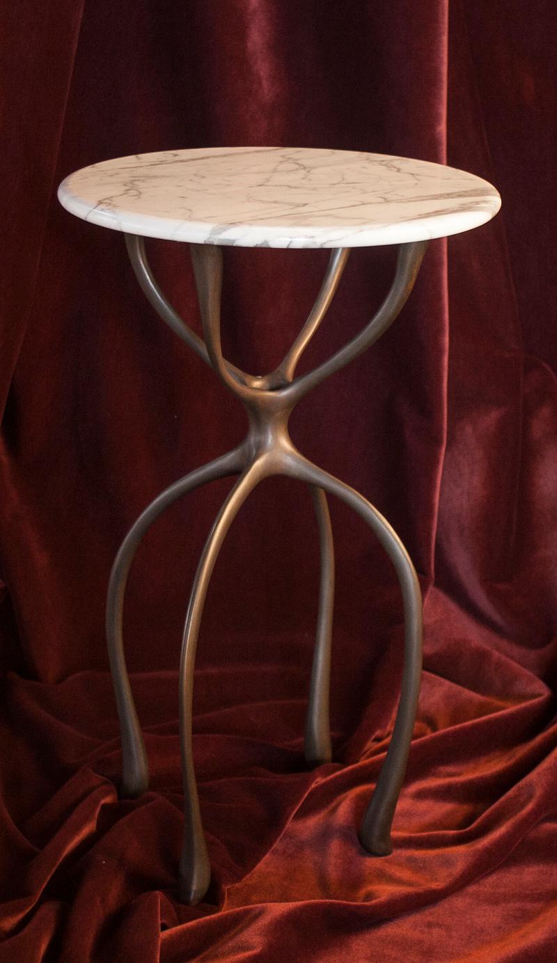 Hand-Crafted Moonshine Side Table, Cast Red Bronze, Carrara Marble, Tall, Jordan Mozer, 2010 For Sale