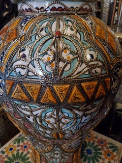 Tall Moroccan Bone and Metal Inlaid Vase / Urn, 52LM24