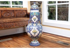 Tall Moroccan Glaze Decorated Pottery Lidded Jar