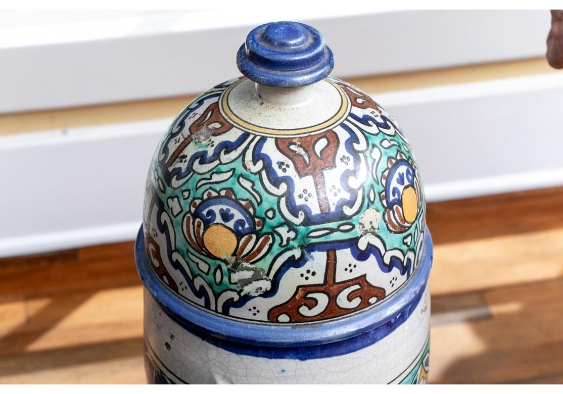 Hand-Painted Tall Moroccan Glaze Decorated Ceramic Lidded Jar For Sale