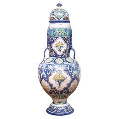 Tall Moroccan Glaze Decorated Ceramic Lidded Jar