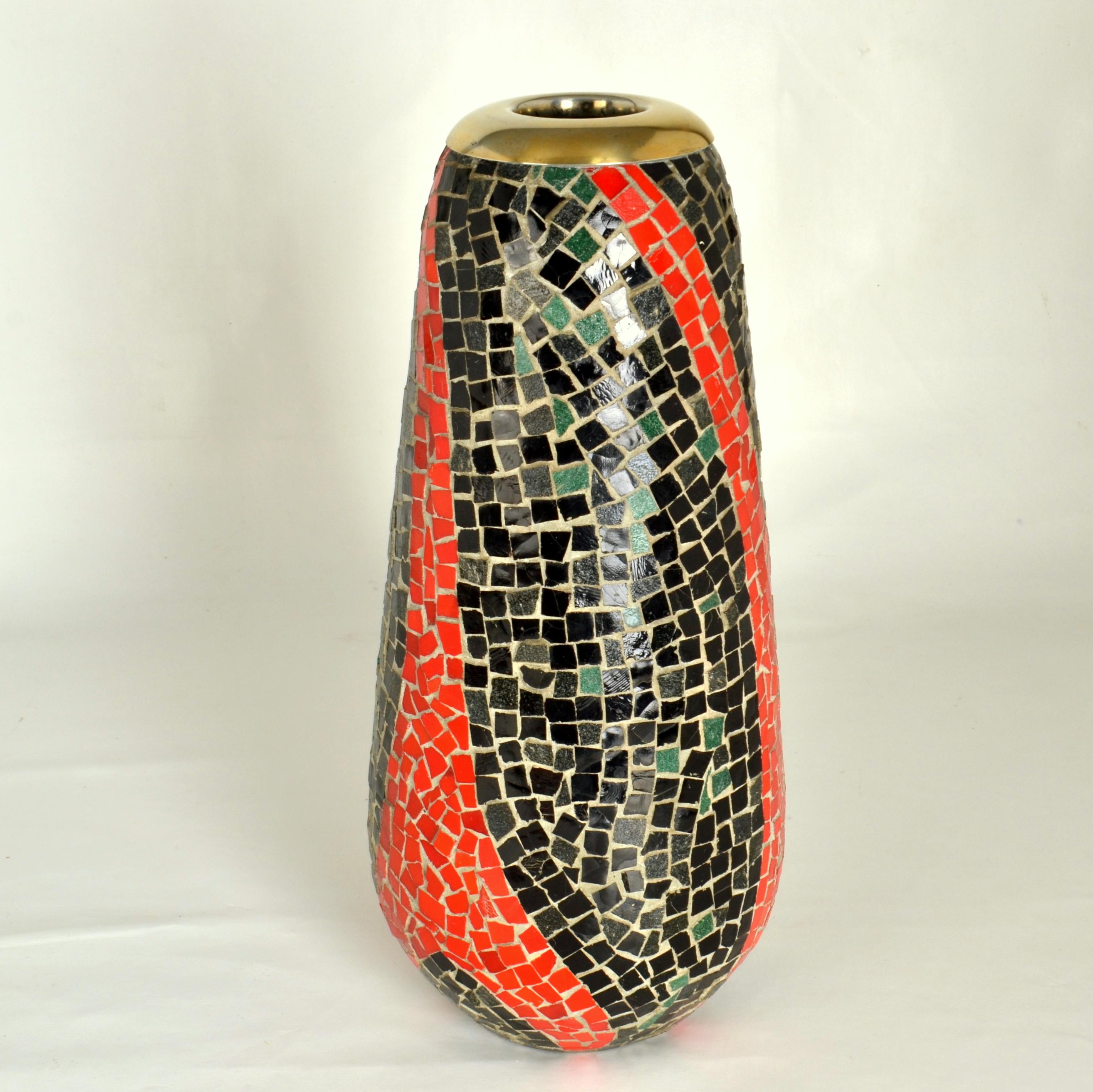 Mid-Century Modern Tall Mosaic Vase in Black and Red For Sale