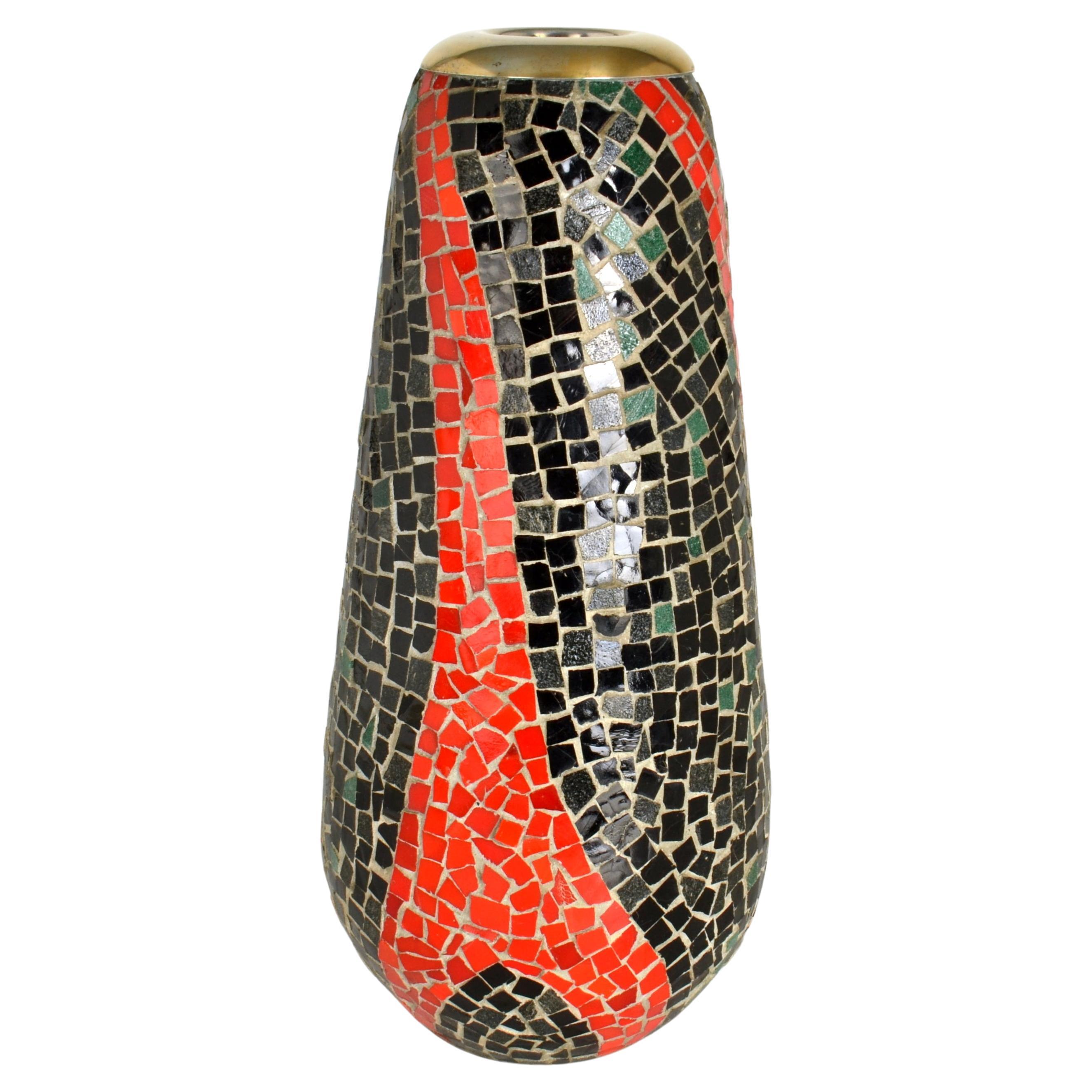 Tall Mosaic Vase in Black and Red For Sale